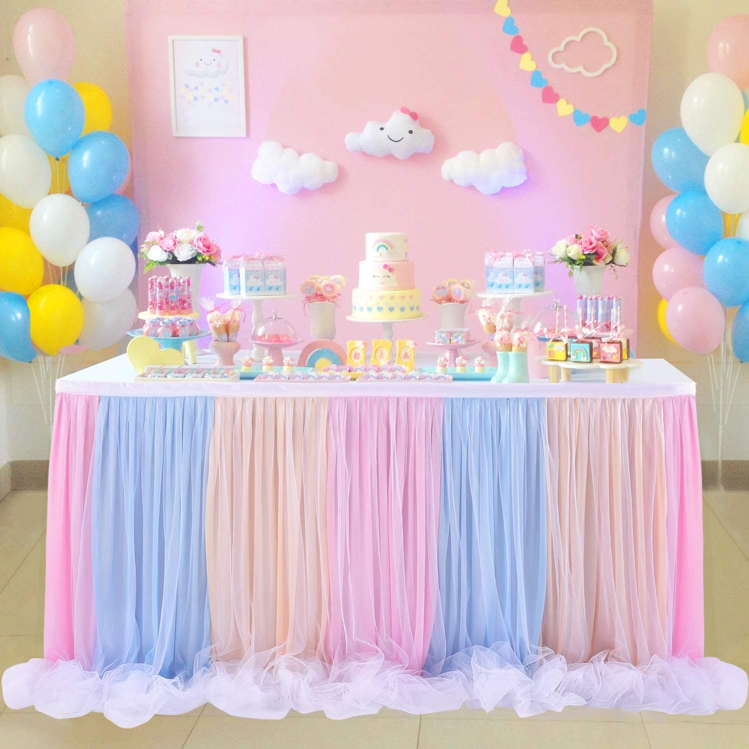 Tulle Tutu Table Skirt for Unicorn Themed Party,Baby Shower Wedding,Rainbow Table Skirt for Rectangle Table or Round Table (L 6(ft)*H 30in)