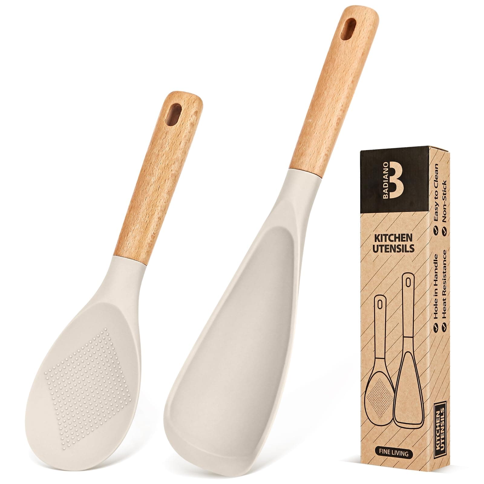 Cooking Spoon and Rice Scooper for Nonstick Cookwares, Great for Cooking and Serving Sturdy BPA-Free Matte Silicone, Wood Handle Spoon for Mixing, Scoop, and Scrape (KHAKI)