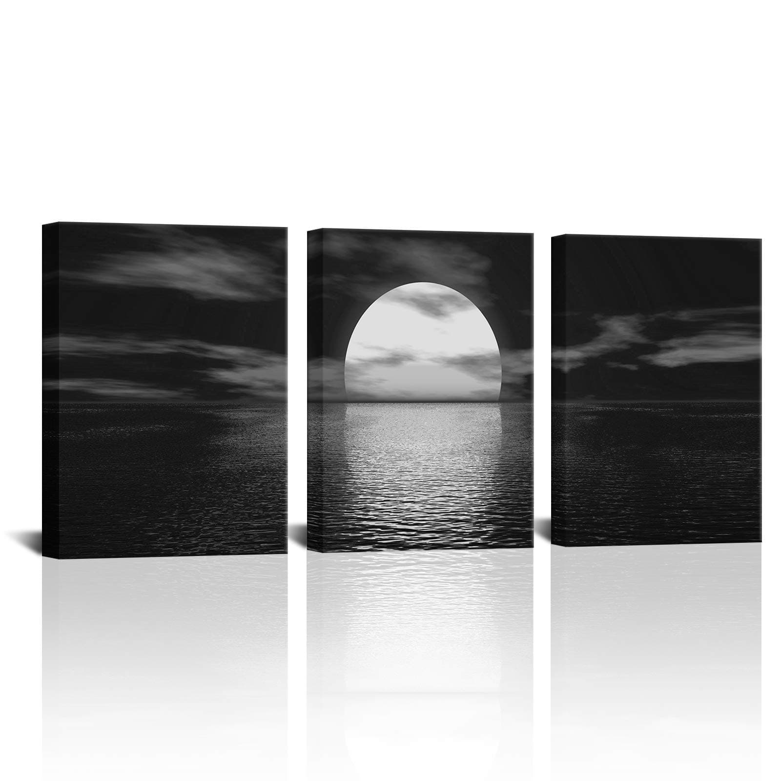 SkenoArt 3 Piece Black and White Bathroom Canvas Wall Decor Ocean Under Moonlight Painting Print Full Moon Seascape Picture Artwork for Home Bedroom Living Room Wall Decor Easy to Hang 12"x16"x3 PCS