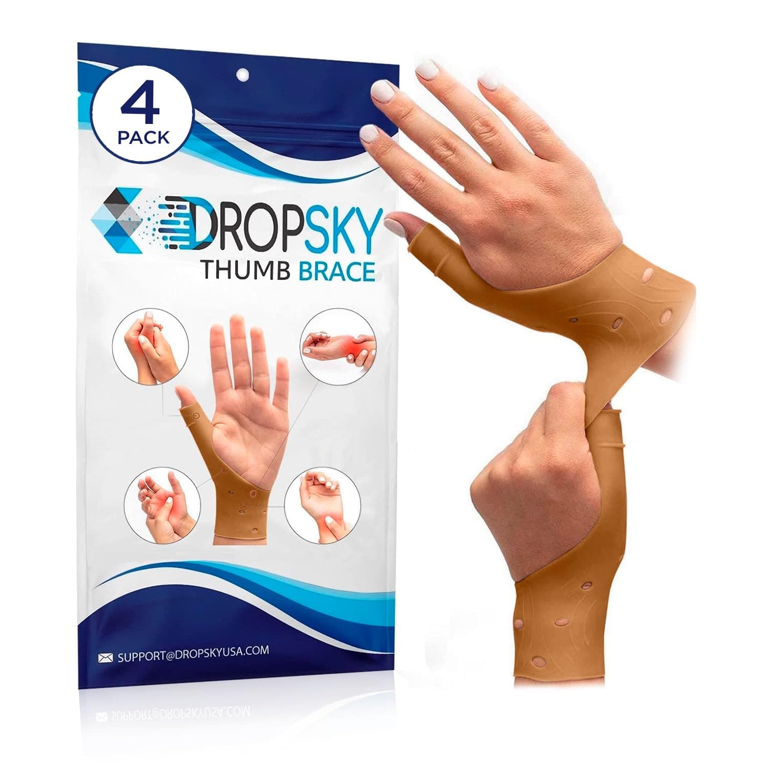 DropSky [4 Pack] Gel Wrist Thumb Support Brace Soft Waterproof Carpal Tunnel Pain Relief Arthritis Thumb Fits Both Hands, Lightweight, Therapeutic Rubber Latex, Stabilizer Support (Nude)