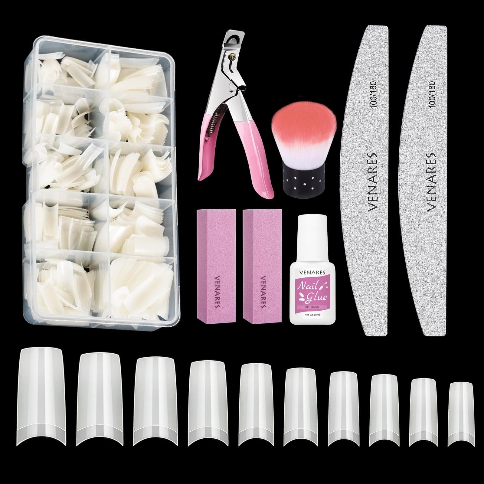 Nail Tips and Glue, Venares Fake Nail Tips Oval 500Pcs 10 Size French Tip False Nails with Glue Nails Files Nail Buffer Blocks Nail Brush Nail Clipper