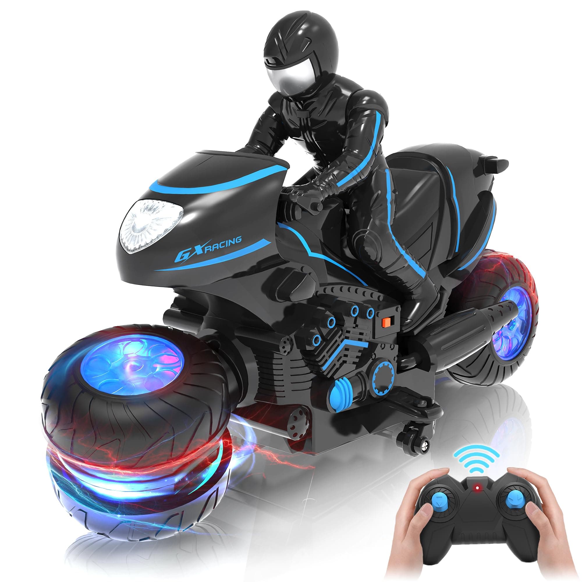 RC Motorcycle, Remote Control Motorcycle with RGB Wheels Lights - 360-degree Rotations, Drifts, High-Speed, RC Car Dirt Bike Toy for Boys 4-7 8-12 Years Kids