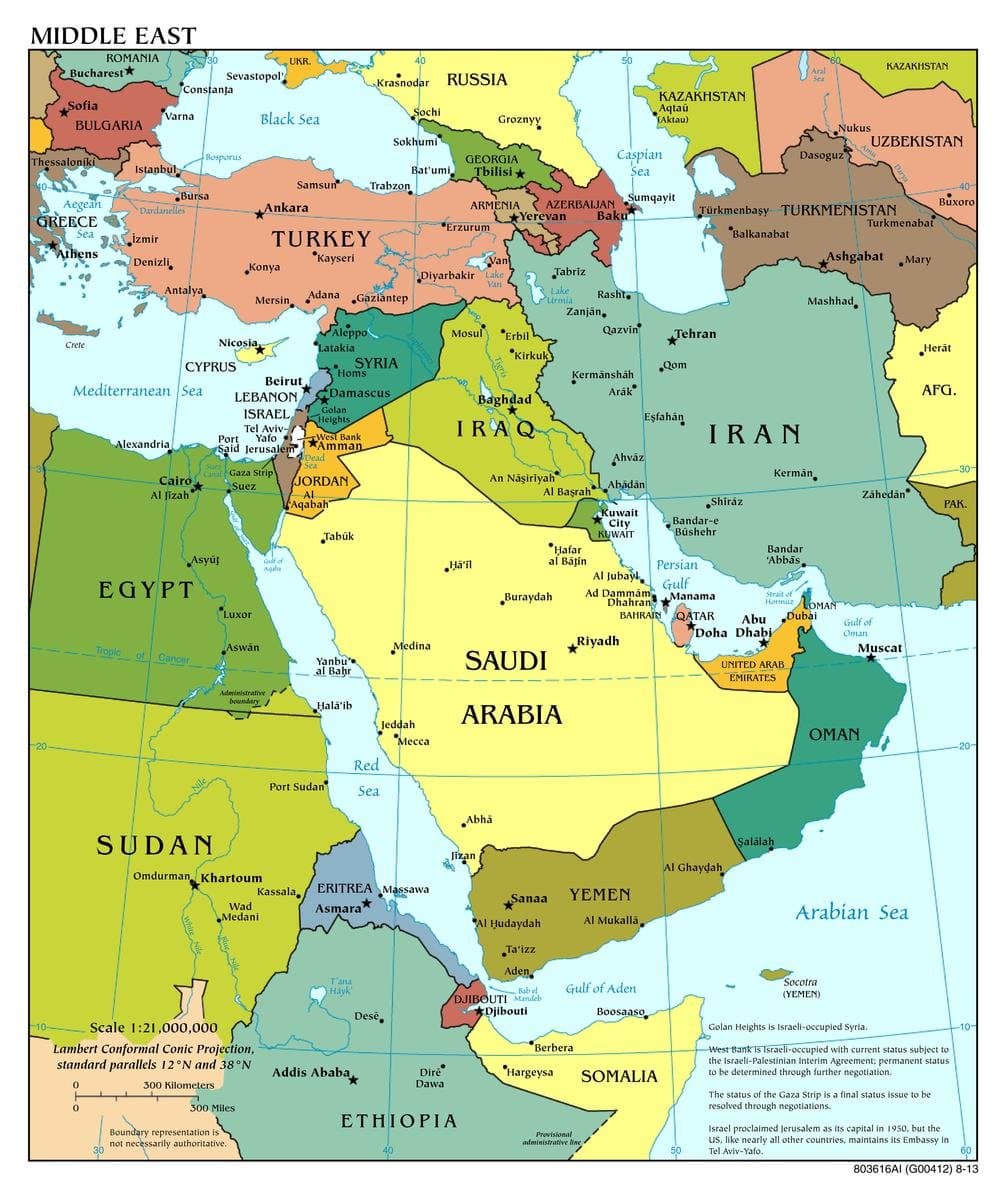 24"x28" Poster: Large Scale Political map of The Middle East with Major Cities - Middle East Asia [Laminated]
