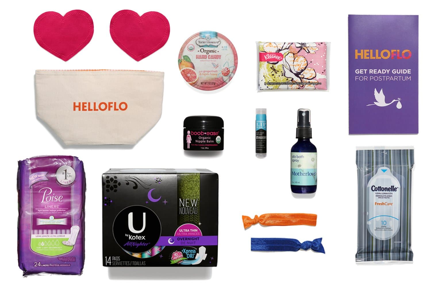 HelloFlo New Mom Survival Kit. One-of-a-kind Care Package for First-Time Moms. Amazing Kit Includes U by Kotex Pads, Educational Booklet on Postpartum, Nipple Balm, Bamboobies and Other Great Products
