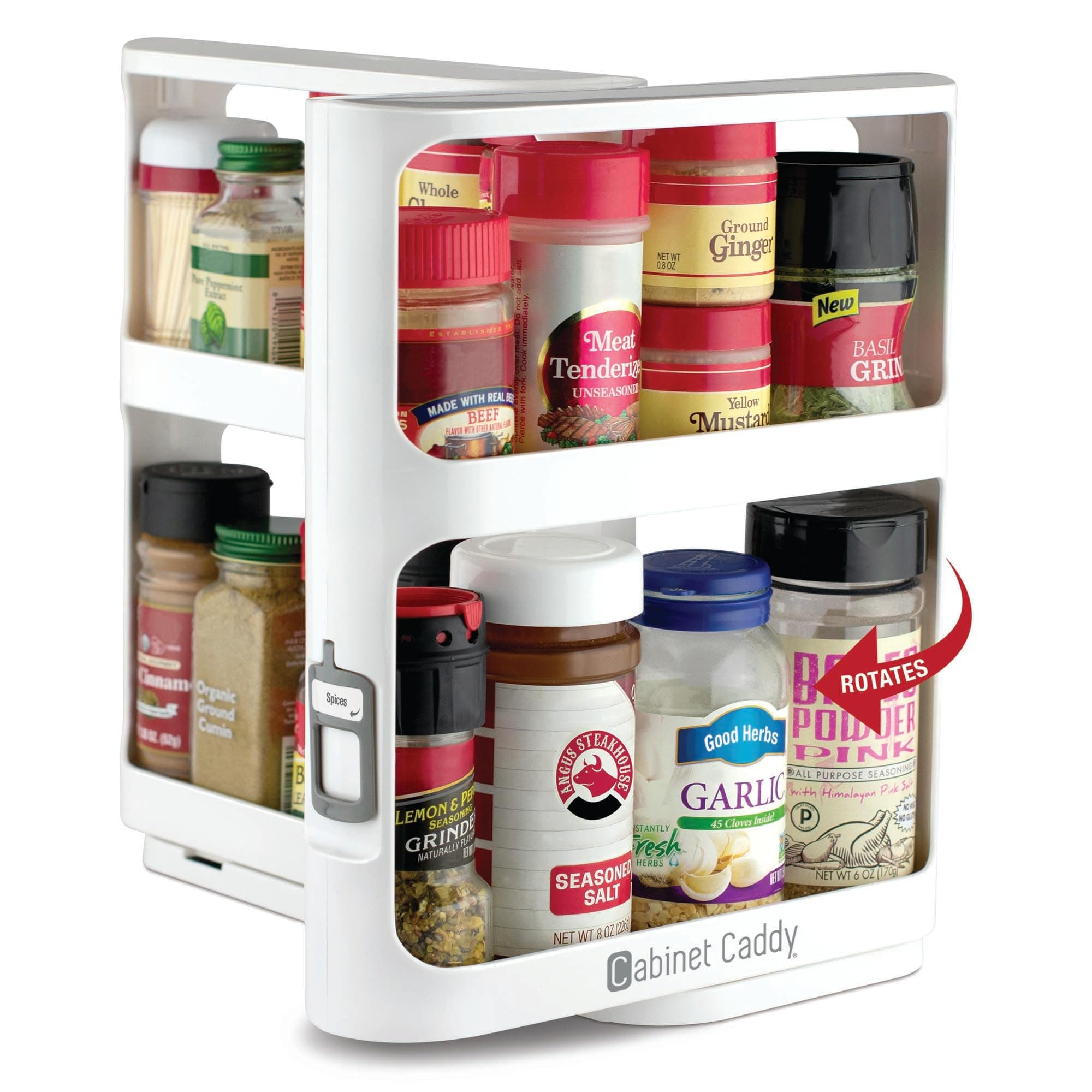 Cabinet Caddy (White) | Pull-and-Rotate Spice Rack Organizer | 2 Double-Decker Shelves | Modular Design | Non-Skid Base | Stores Prescriptions, Essential Oils | 10.75"H x 5.25"W x 10.75"D