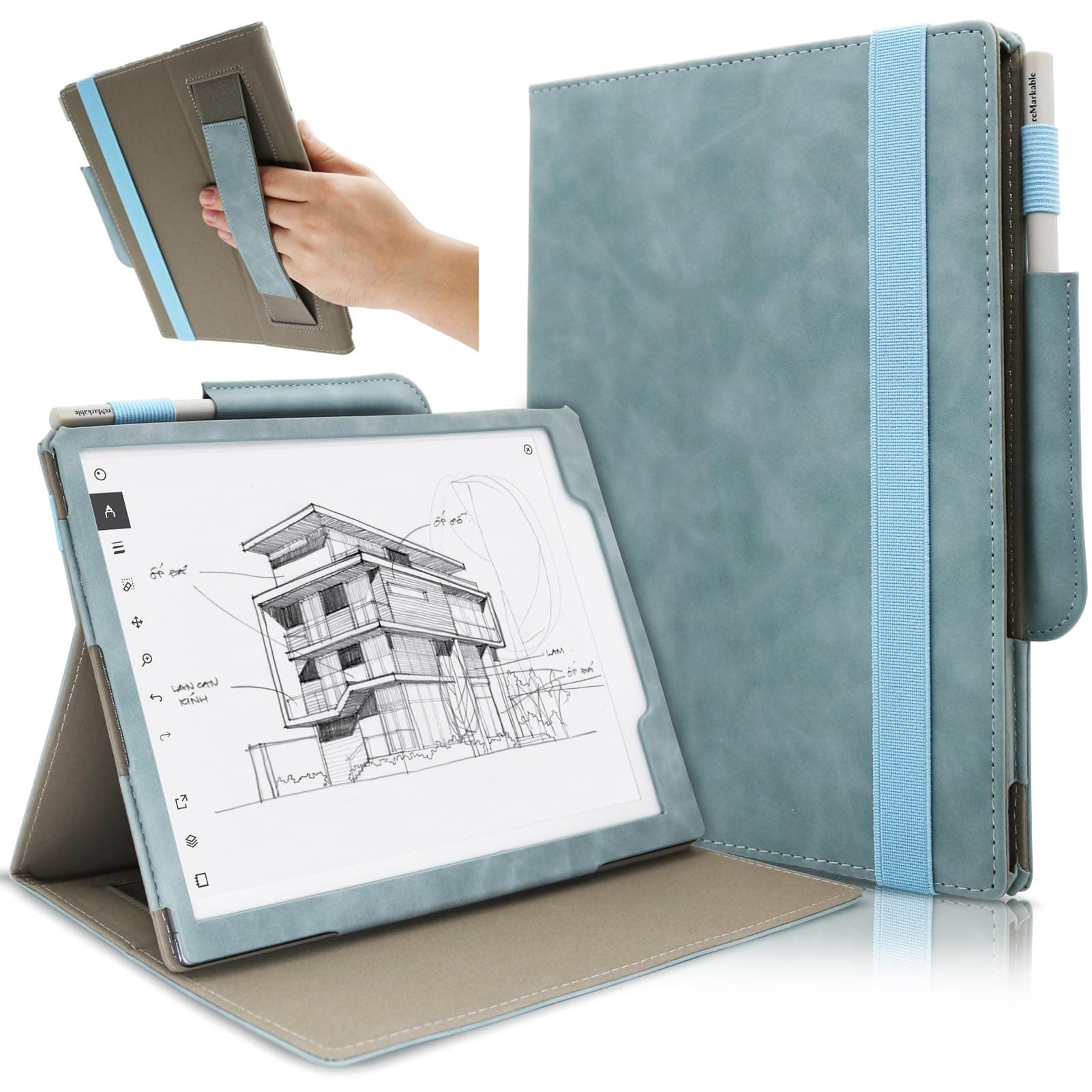 Leather Case for Remarkable 2 10.3 inch Digital Paper (2020 Released), Skin Feeling Lightweight Book Folios Cover for Tablet with Pen Holder/Hand Strap/Elastic Strap/Multi-Viewing Angles (Green)