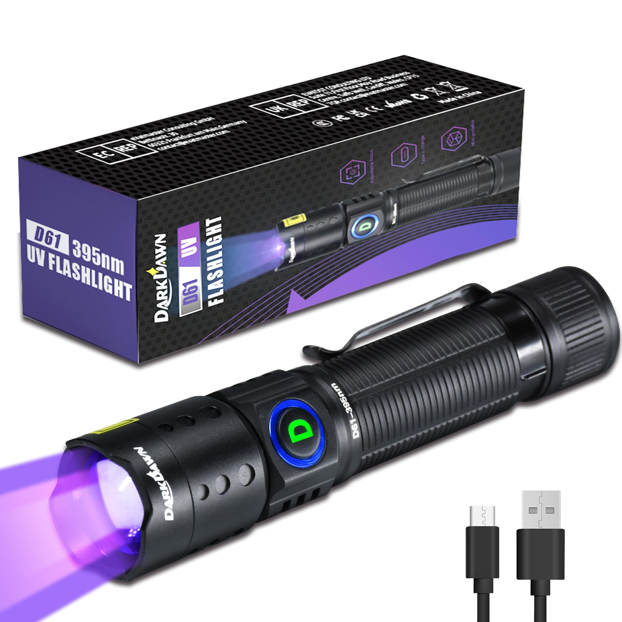 DARKDAWN UV Flashlight 395nm Black Light Mini USB Rechargeable Ultraviolet LED Blacklight Woods Lamp for Pet Urine Stains, Scorpion Detection, and Resin Curing