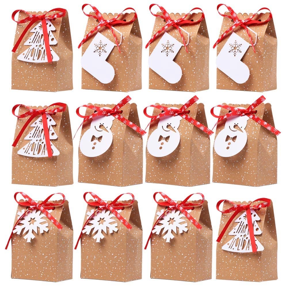AerWo 12pcs Christmas Kraft Gift Bags, Holiday Paper Gift Bags Kraft Paper Treat Bags with Tags for Christmas Party Supplies, 5 x 3 x 7 Inch Mini Xmas Goodies Bags