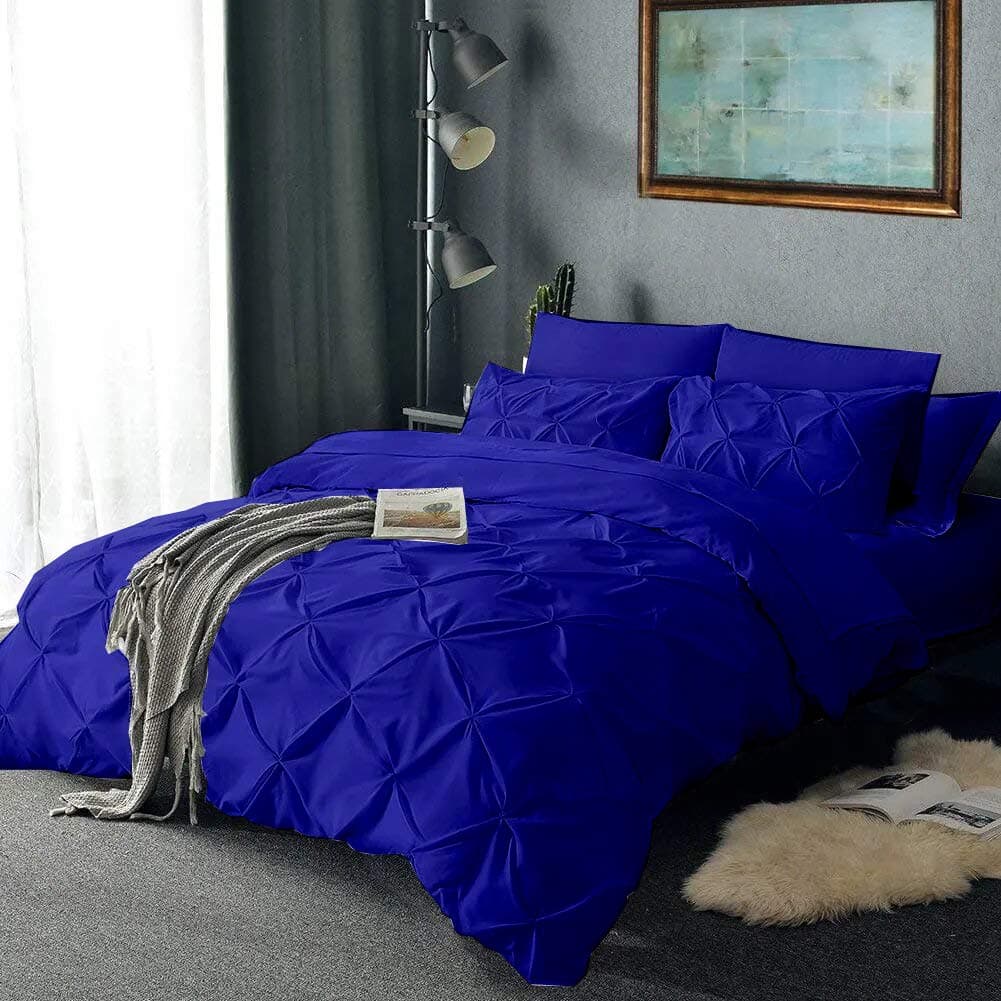 EBEDDY LINENS Pinch Pleated Pintuck 3PC Duvet Cover Set Zipper & Corner Ties Egyptian Cotton 1 Duvet Cover with 2pc Pillowcase Queen 88x88 Inch, Royal Blue
