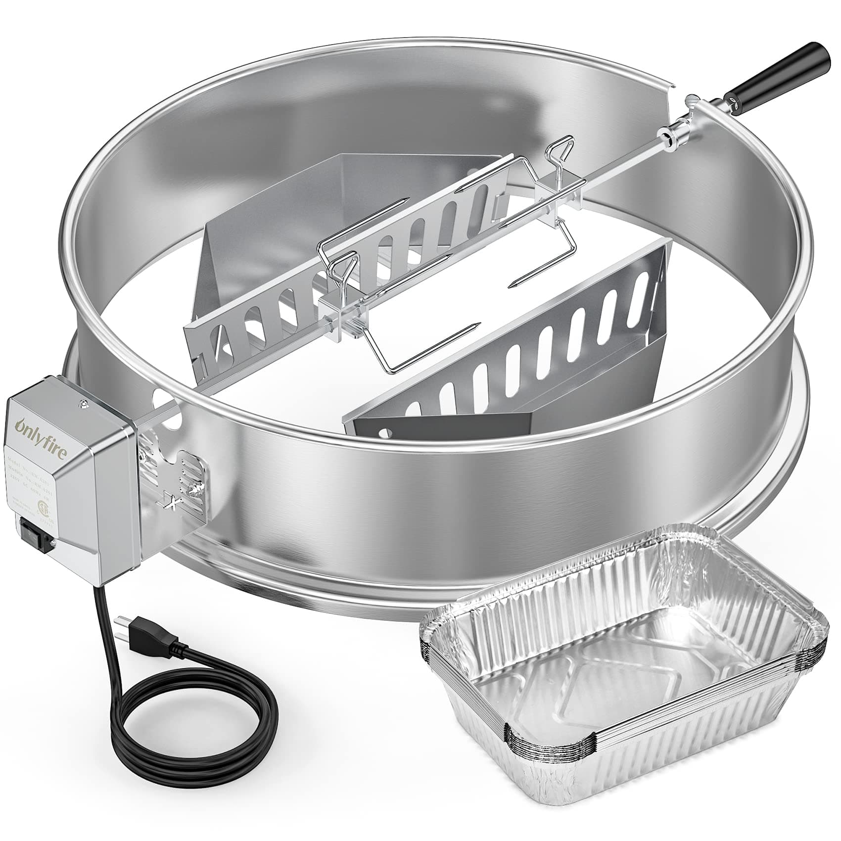 onlyfire Upgrade Stainless Steel Rotisserie Ring Kit for Weber 22-inch Kettle Charcoal Grills, Comes with Charcoal Baskets and 10 Pack Drip Pans