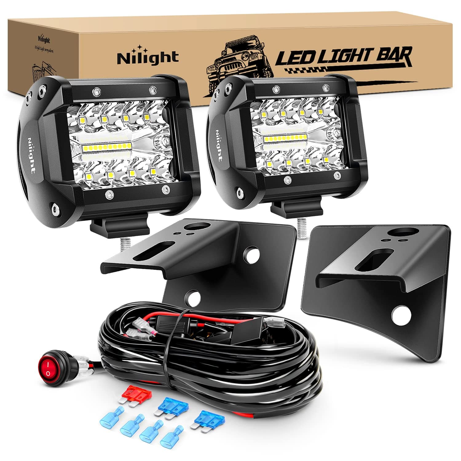 Nilight 2pcs 4" 3 Row Lights 60W Flood Spot Combo 6000LM Bar Driving Boat LED Off-Road Truck JK A-Pillar Windshield Hinge Mounting Bracket Wiring Harness Kit