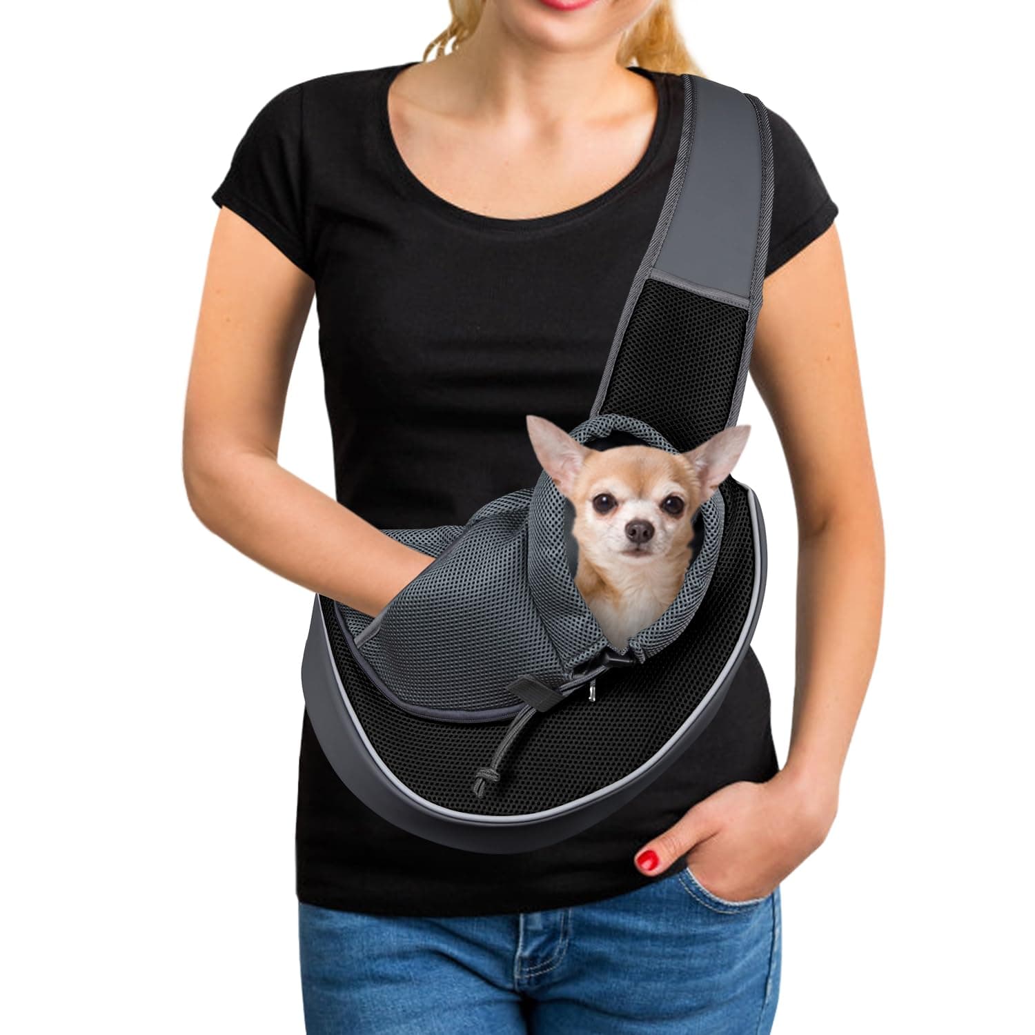 YUDODO Pet Dog Sling Carrier Mesh Hand Free Adjustable Dog Satchel Carrier Bag Papoose Crossbody for Small Animal Rabbit (S(up to 5 lbs), Black)