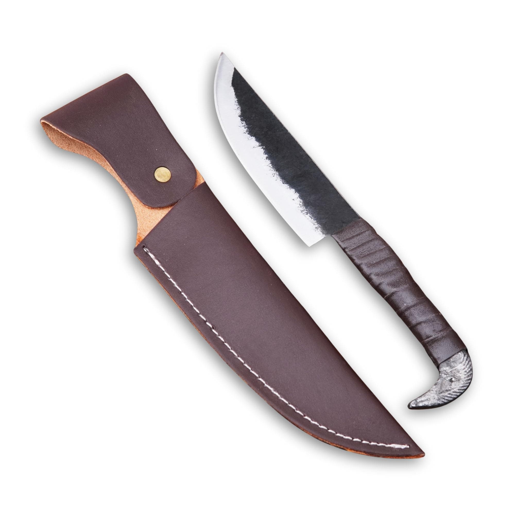 LEONA CRAFT® Odin’s Raven-Head Viking Seax Knife | Hand-Forged Carbon Steel Norse Knife | 5.3” Fixed Blade & 4.7” Handle | Leather Sheath | Hunting, Camping & Collectible