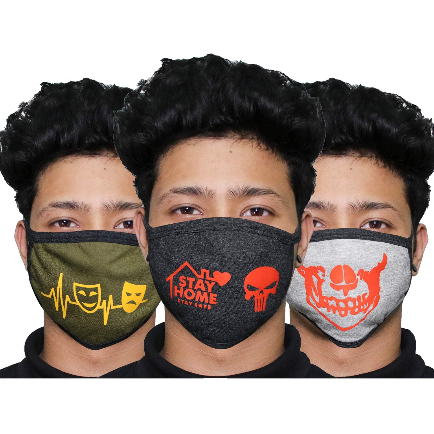 ORILEY ORCFM3 3 Ply Cotton Face Mask Washable Reusable Breathable Protective Nose Mouth Cover with Non-woven Micro Fabric Layer (3 Pcs, Multicolor, Multi Design)