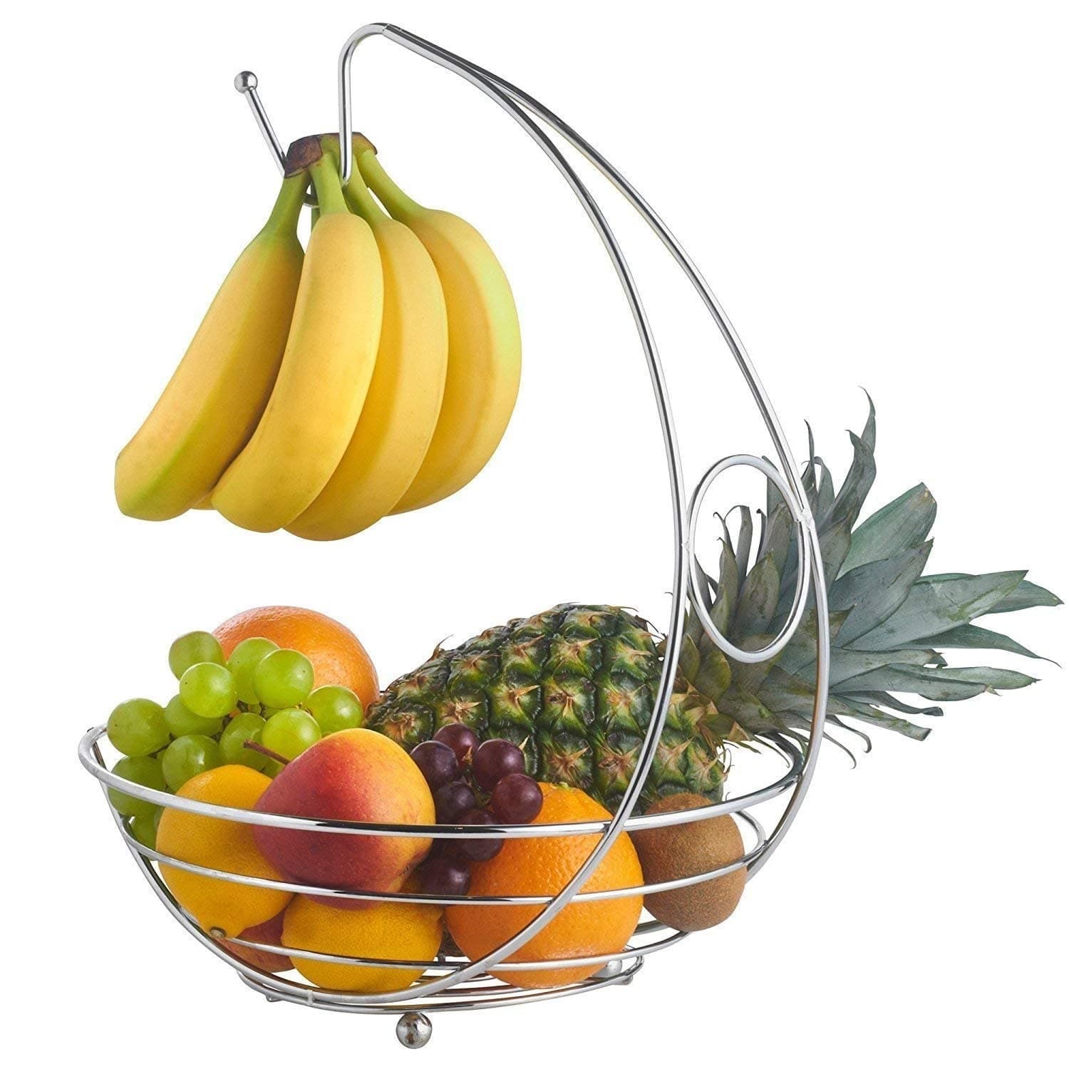 Glow Fruit Basket with Banana Holder - Stylish Premium Chrome Home Kitchen 2 in 1 Large Wide Wire Frame Display Fruit Bowl Basket with Banana Hanging Hanger Tree Hook and Round Worktop Safe Feet