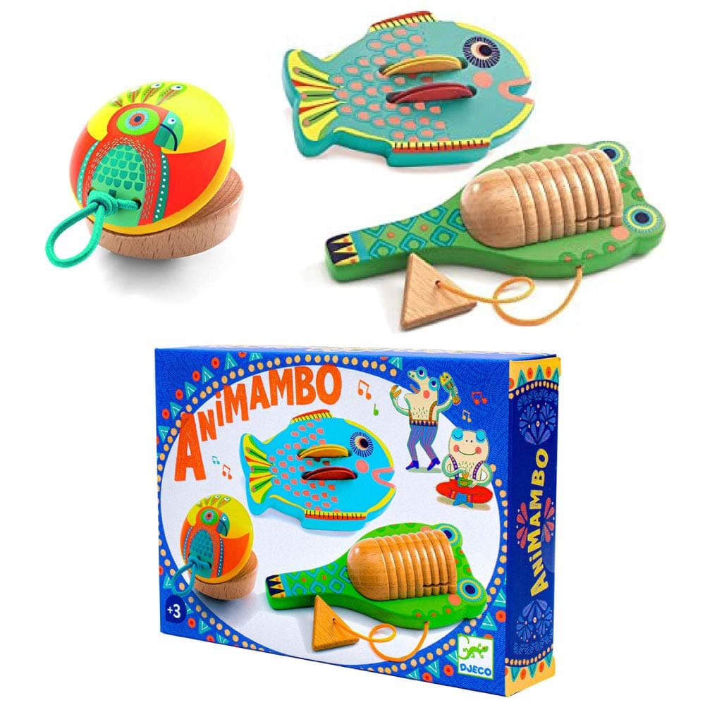 DJECO Animambo Cymbal, Castanet, Guiro Percussion Musical Instrument Set, Blue