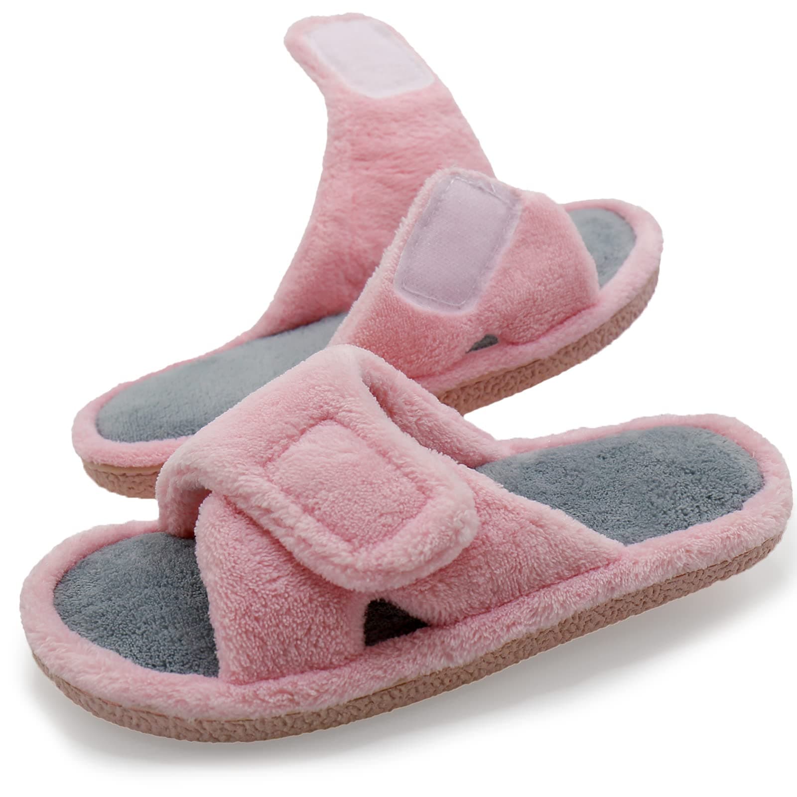 Adjustable House Slippers for Women Memory Foam Soft Indoor Shoes Coral Fleece Lined Open Toe Home Slip on Slides Sandals All Seasons