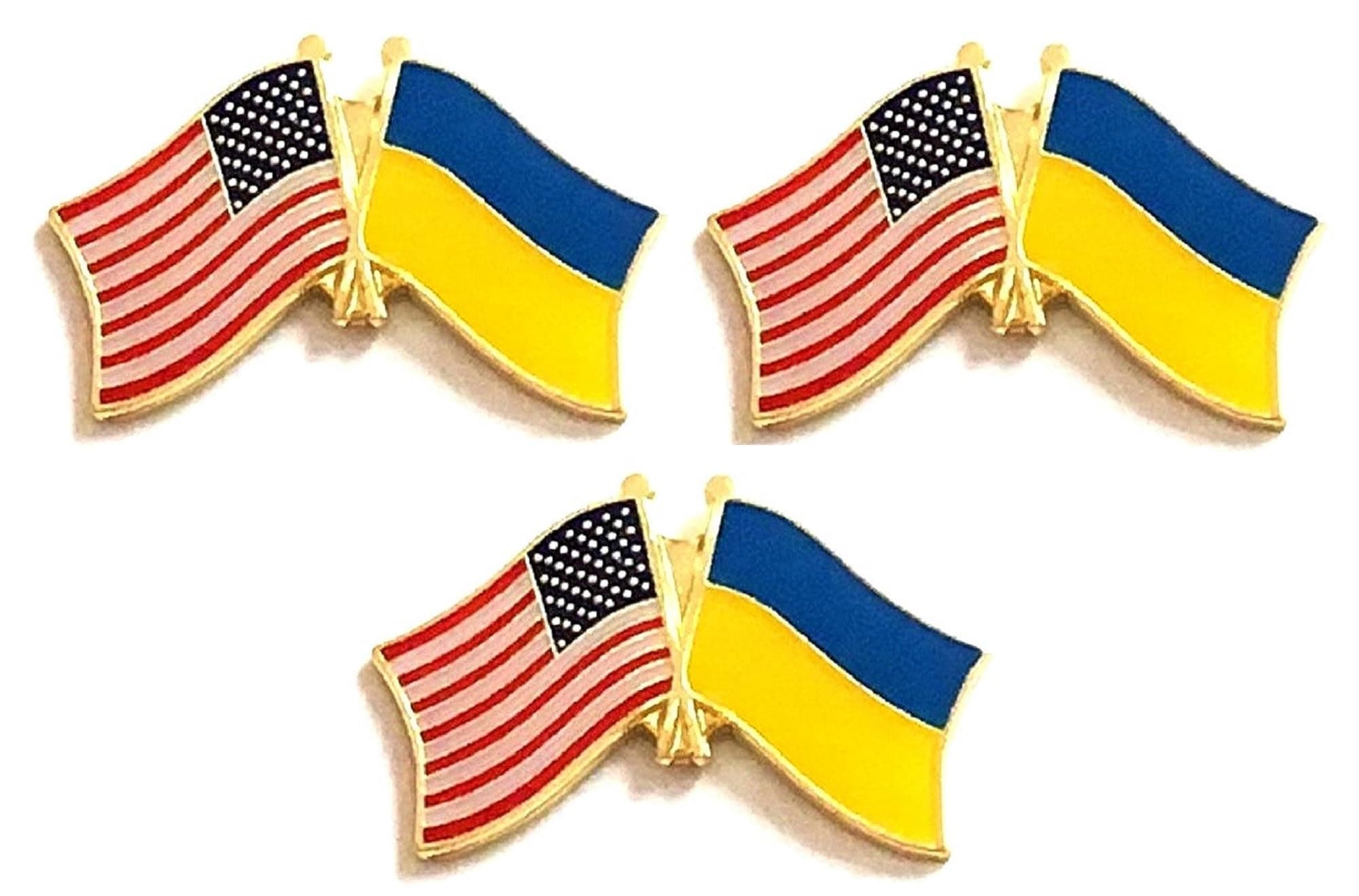 Pack of 3 National Country Flag & US Crossed Double Flag Lapel Pins, International & American Friendship Pin Badge