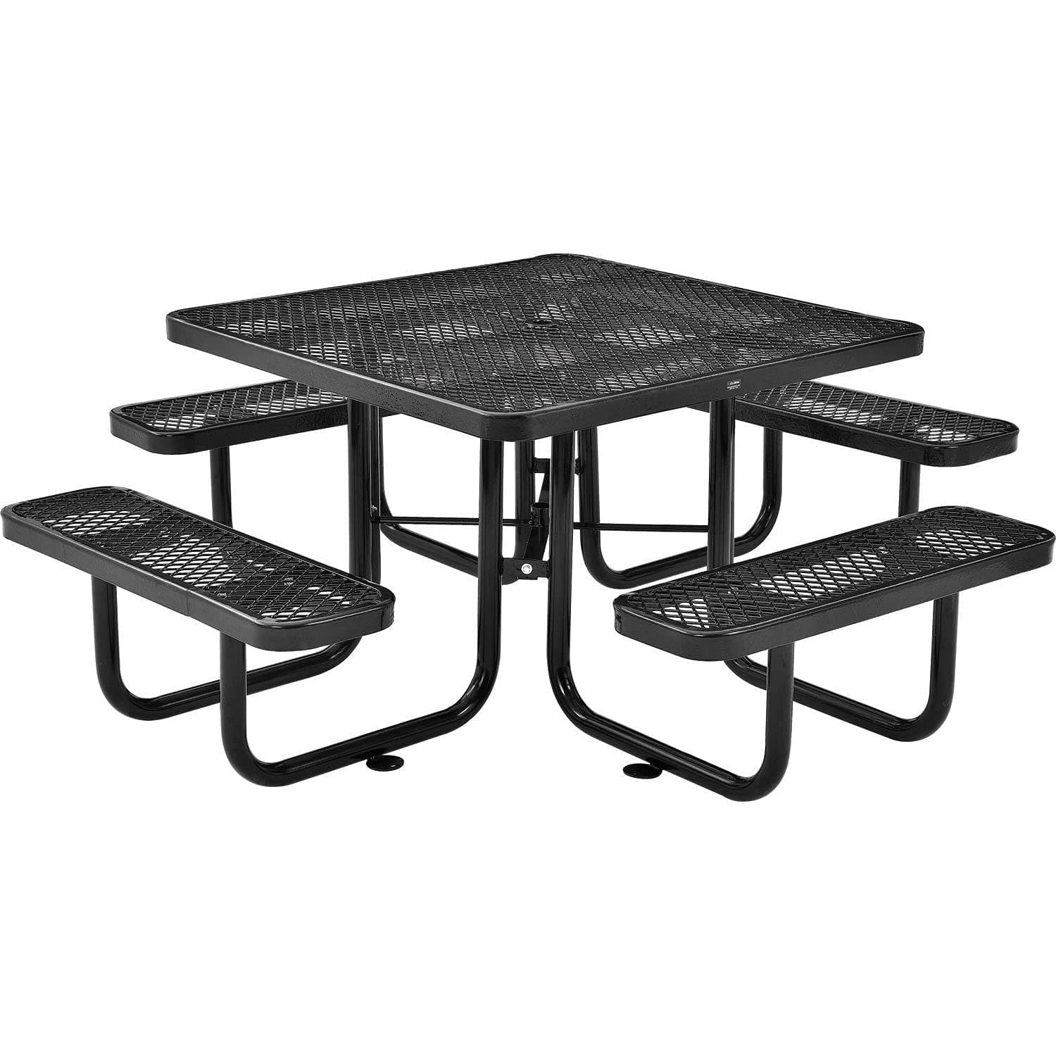 Global Industrial 46" Square Picnic Table, Expanded Metal, Black Thermoplastic Coating, Attached Benches, 1-1/2” Umbrella Pole Hole, Outdoor-Rated, 1000 lb Capacity