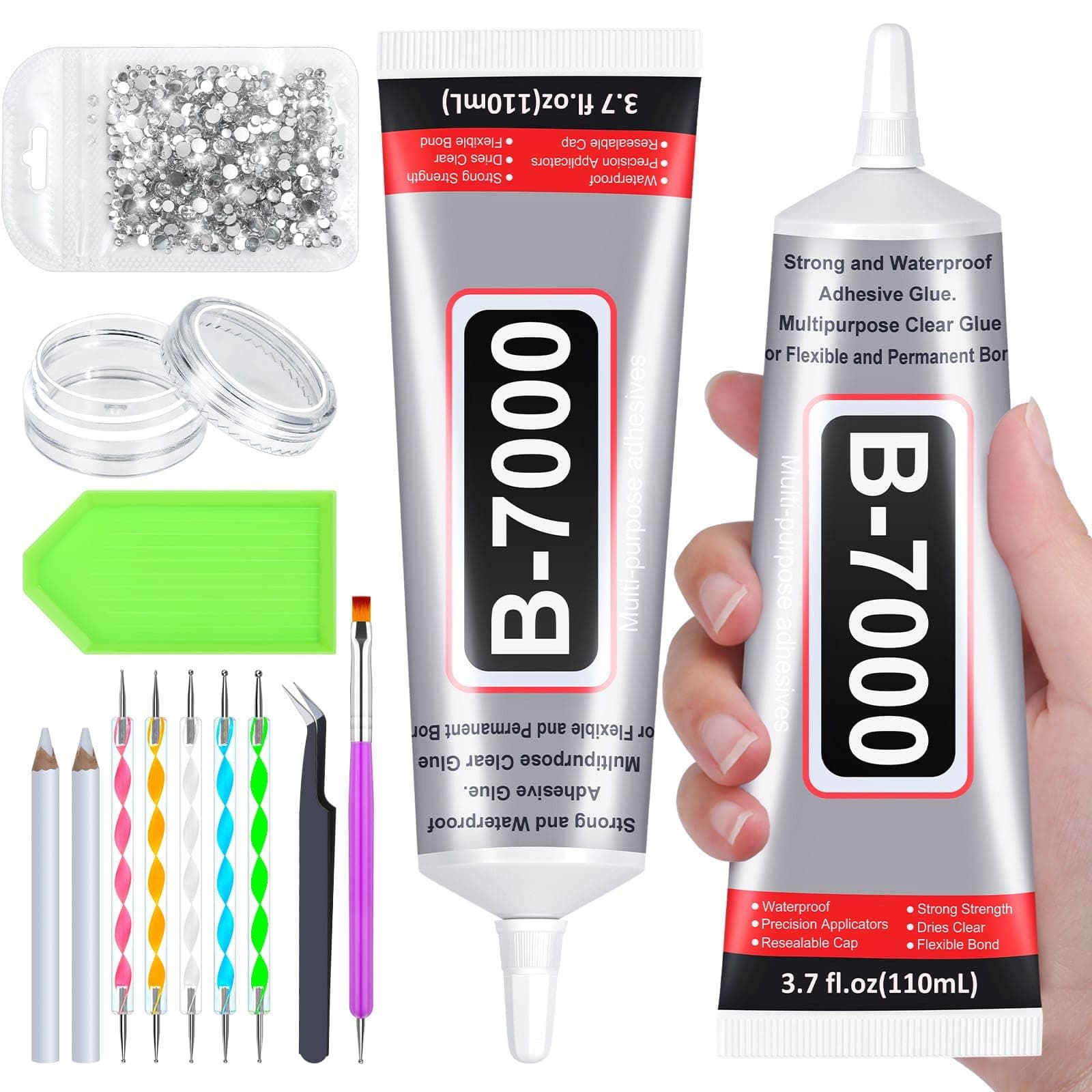 Evatage Glue of Diamond Jewelry for Crafts, 2PCS Clear Glue with Crystal Rhinestones and Tweezer Dotting Tools for DIY Clothes Fabric Shoes Jewelry Making Nail Art