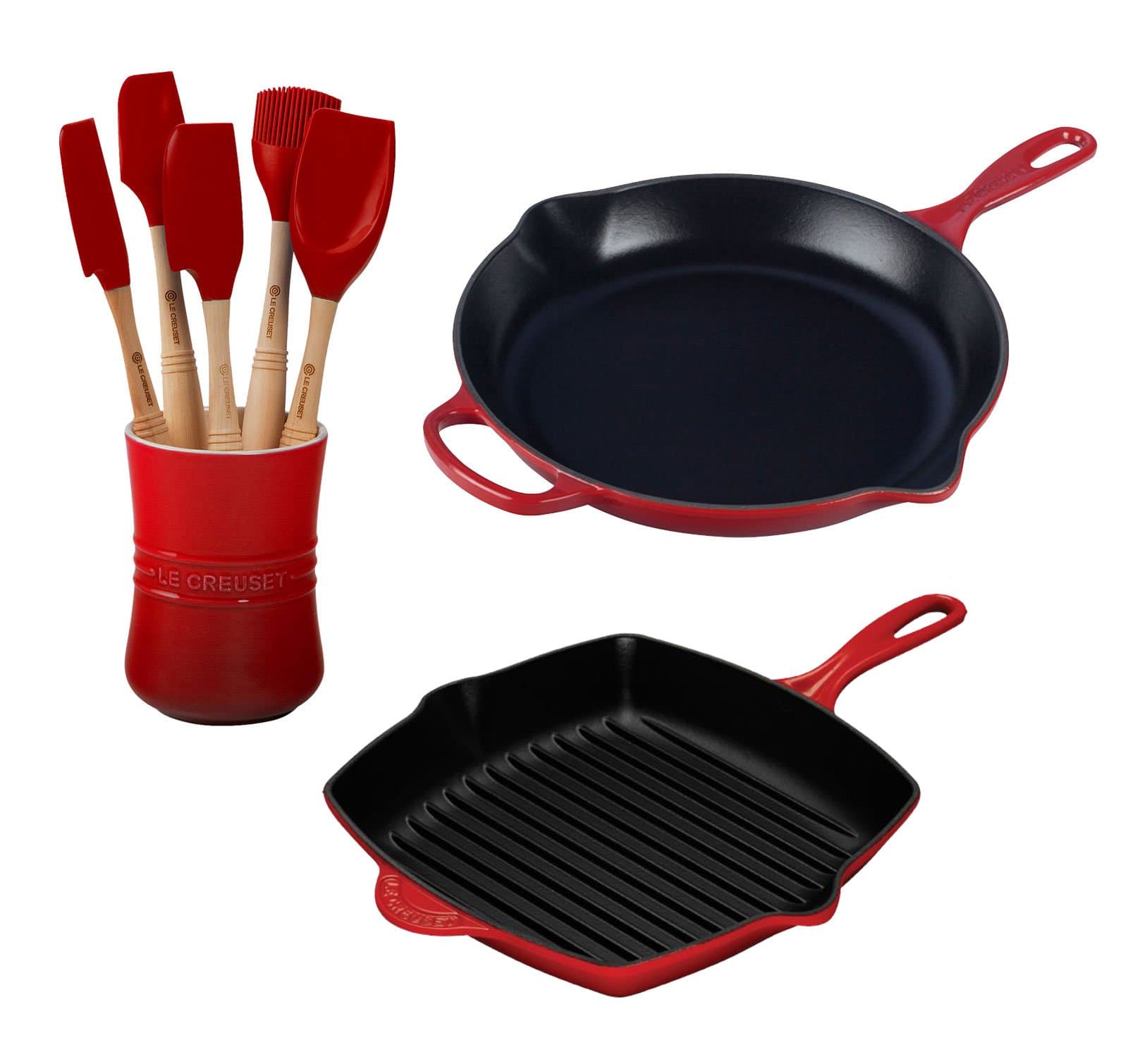 Le Creuset 2-pc Signature Skillet/Grill Bundle | Cherry w/Free 6pc Utensil Set