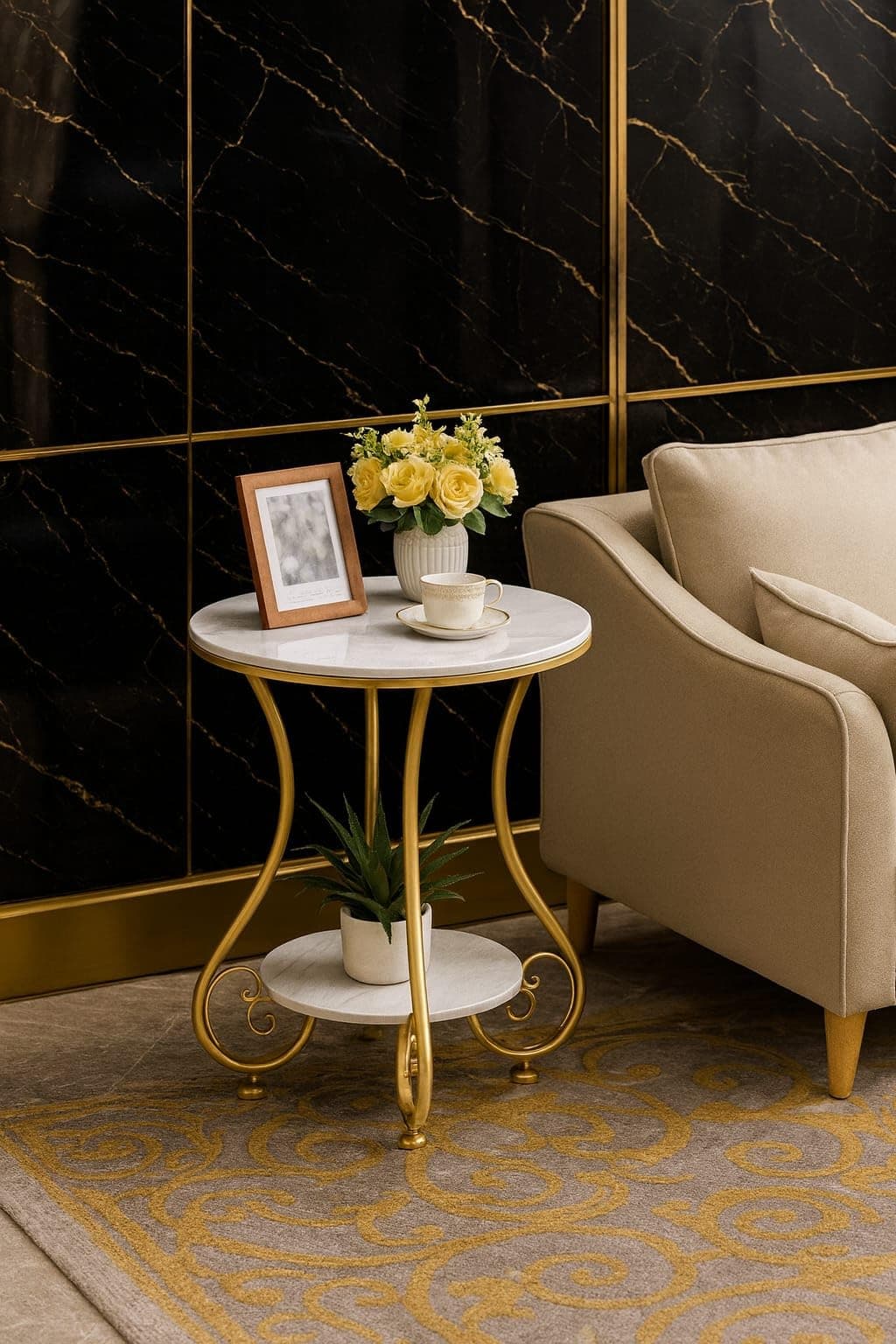 RETI Wrought Iron Golden 2 Tier Round End Table Coffee Table Side Table Bedside Table Nightstand Side Corner for Living Room Bedroom Dining Room Kitchen Office| Golden Stool | Furniture