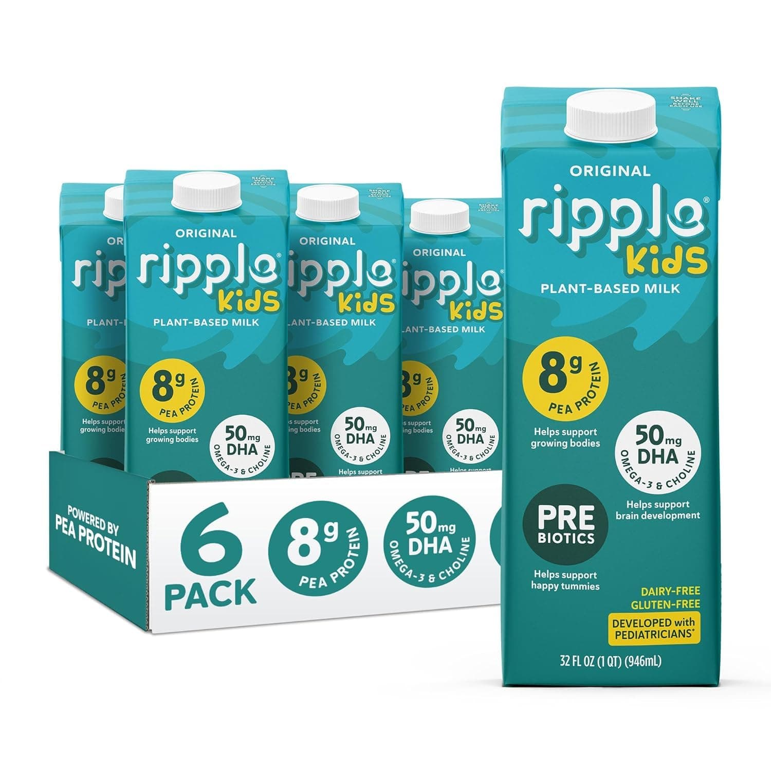Ripple Kids Original Plant Based Milk,8g of Quality Sourced Pea Protein, Calcium Rich,Shelf Stable,Vegan & Non GMO,Dairy, Soy, Nut, Gluten, & Lactose Free,32 Fl Oz Cartons (Pac