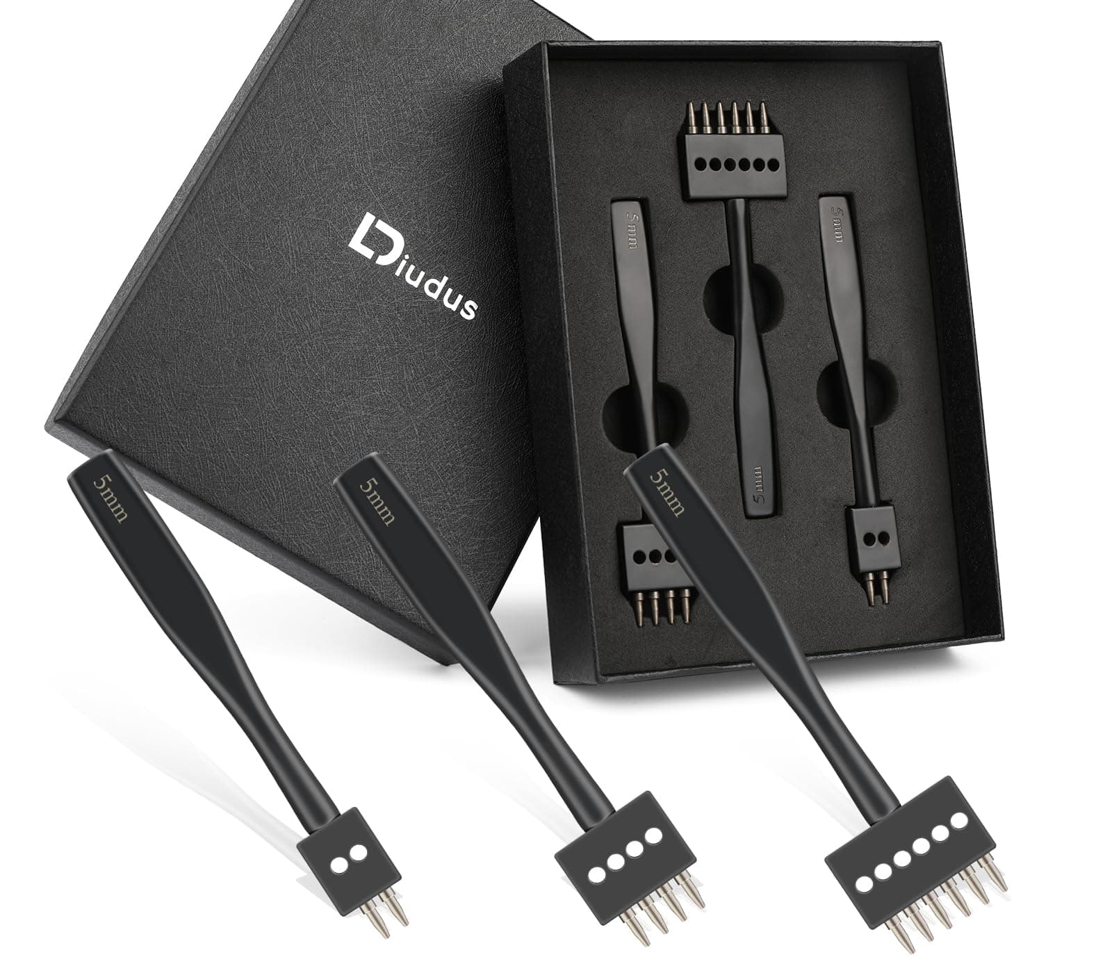 DIUDUS Leather Hole Punch, Prong Punch, Black Hole Punch Tool 5mm, 2/4/6 Racing Stitch Punch, Round Hole Prong Stitch Chisel Set Leather Working Tool for Leather Craft