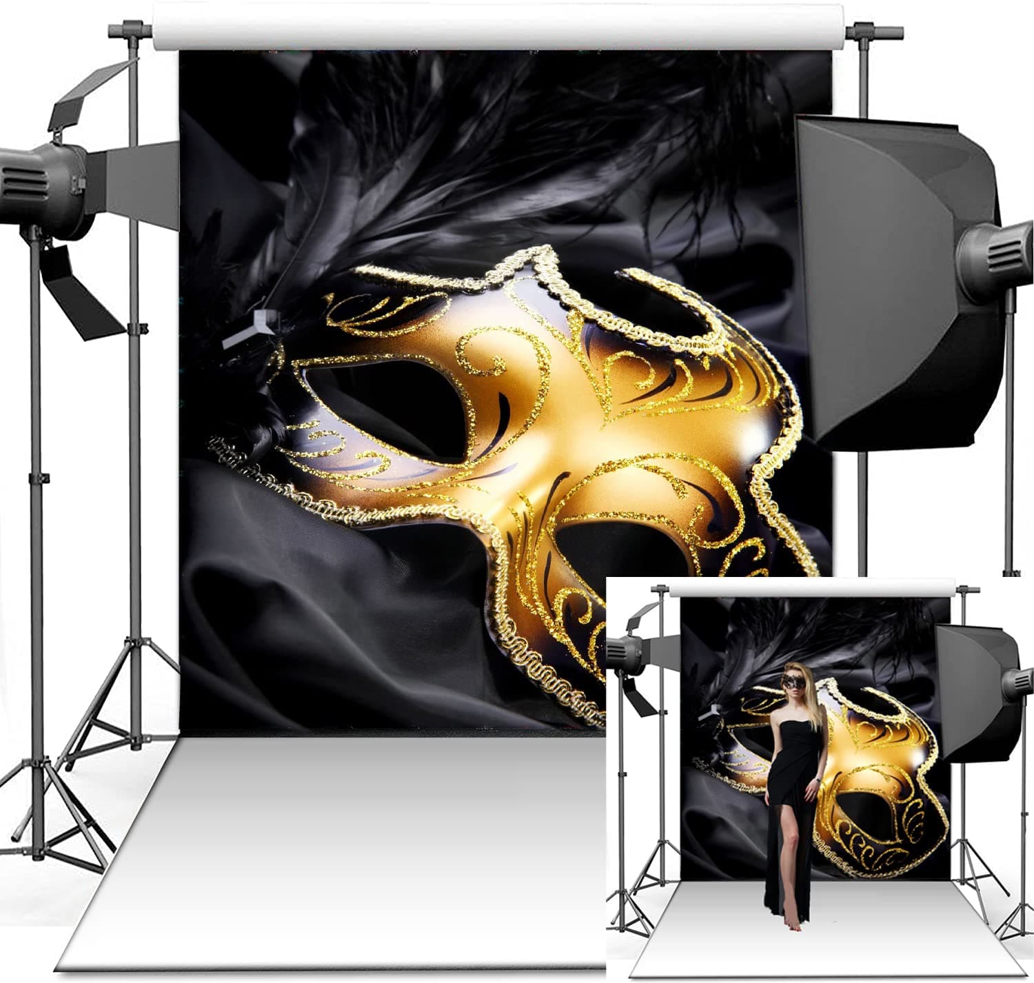 Masquerade Party Backdrop, Gold and Black Mask Feather Background Cloth, 8x10ft Masquerade Birthday Backdrops, Carnival Venetian Mardi Gras Event Decorations