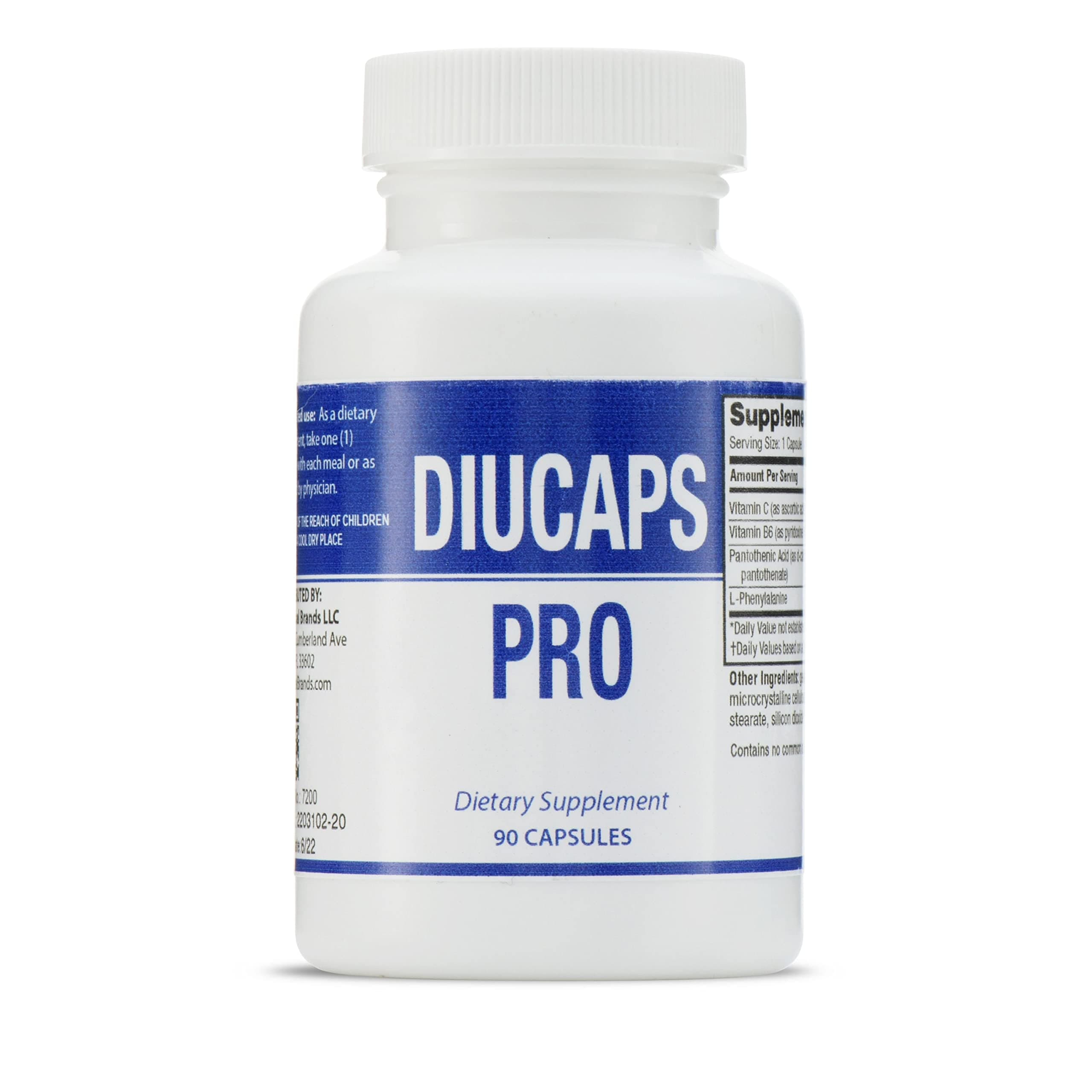 DIUCAPS PRO 90 Capsules - Vitamins and Amino Acids. C, B5, B6, L Phenylalanine. Manufactured by Legere Pharmaceuticals for ES Global Brands.
