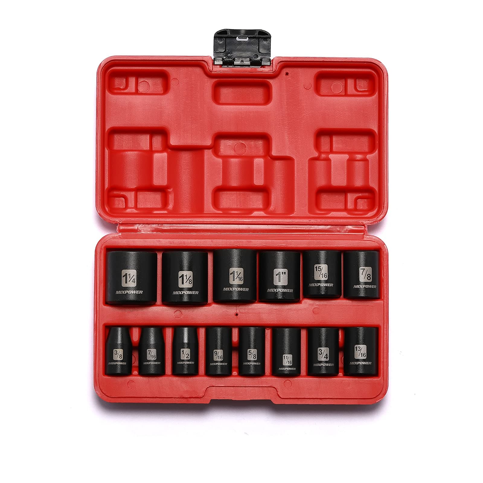MIXPOWER 14 Pieces 1/2-Inch Drive Shallow Impact Socket Set, 3/8-Inch to 1-1/4 Inch, CR-V, SAE, 6 Point, Shallow, 14 Pieces 1/2" Dr. Shallow Socket