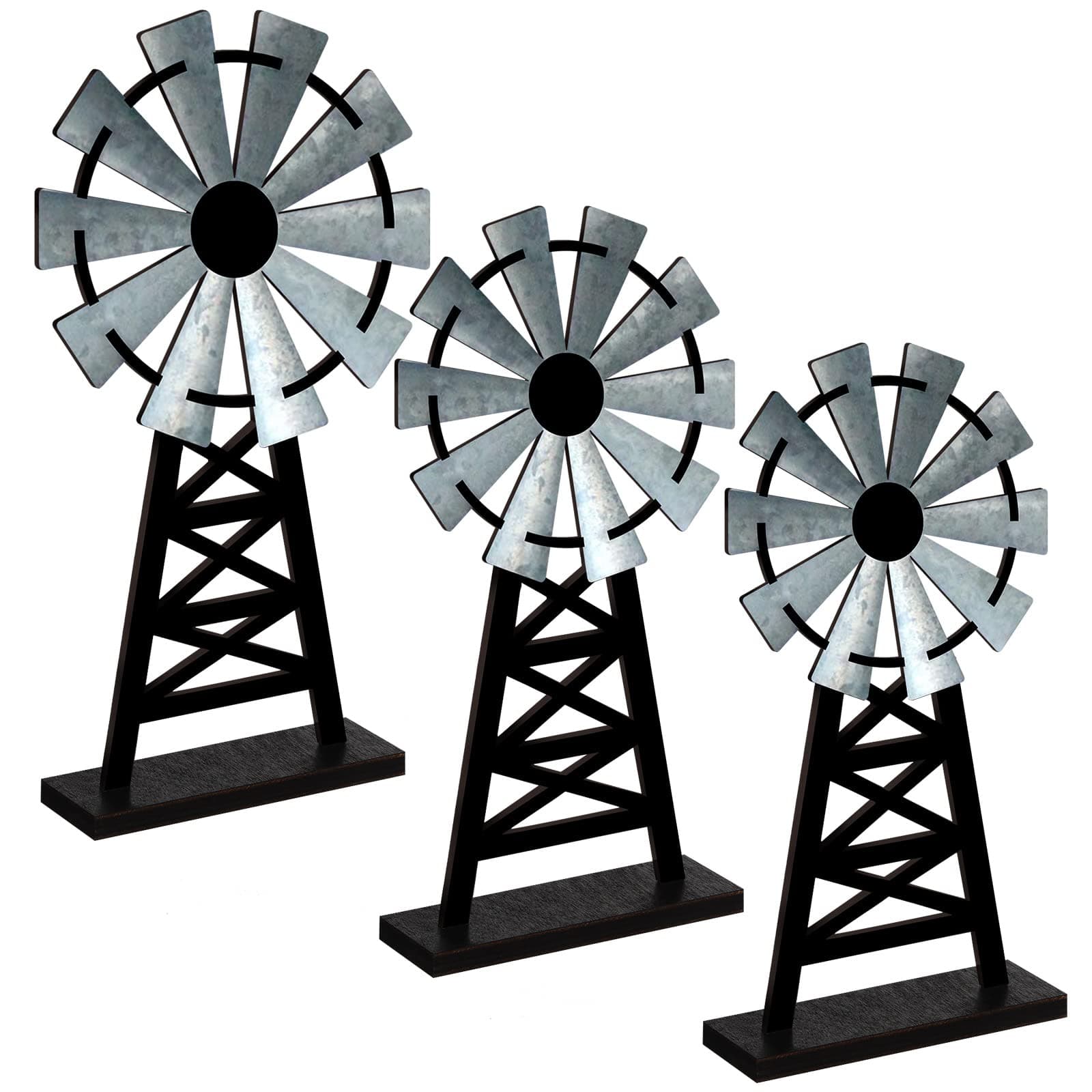 Yulejo Set of 3 Wooden Farmhouse Windmill Table Top Decor - Small Distressed Black Grey Rustic Themed for Kitchen Garden Home