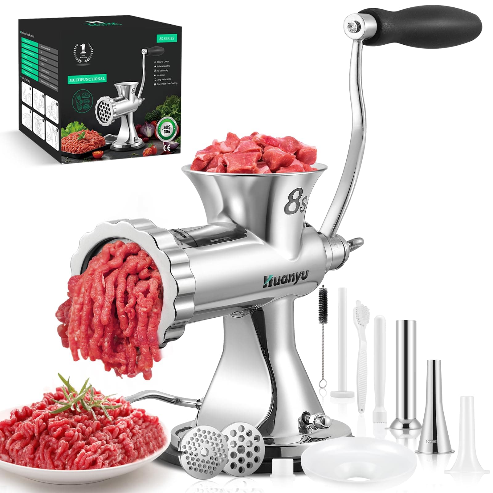 Huanyu Manual Meat Grinder with 2 Stainless Steel Sausage Stuffer Filler Hand Crank Mincer Meats Processor Grinding Machine Ground Chopper Home Use for Beef Chicken Rack chili etc. Dishwasher Safe