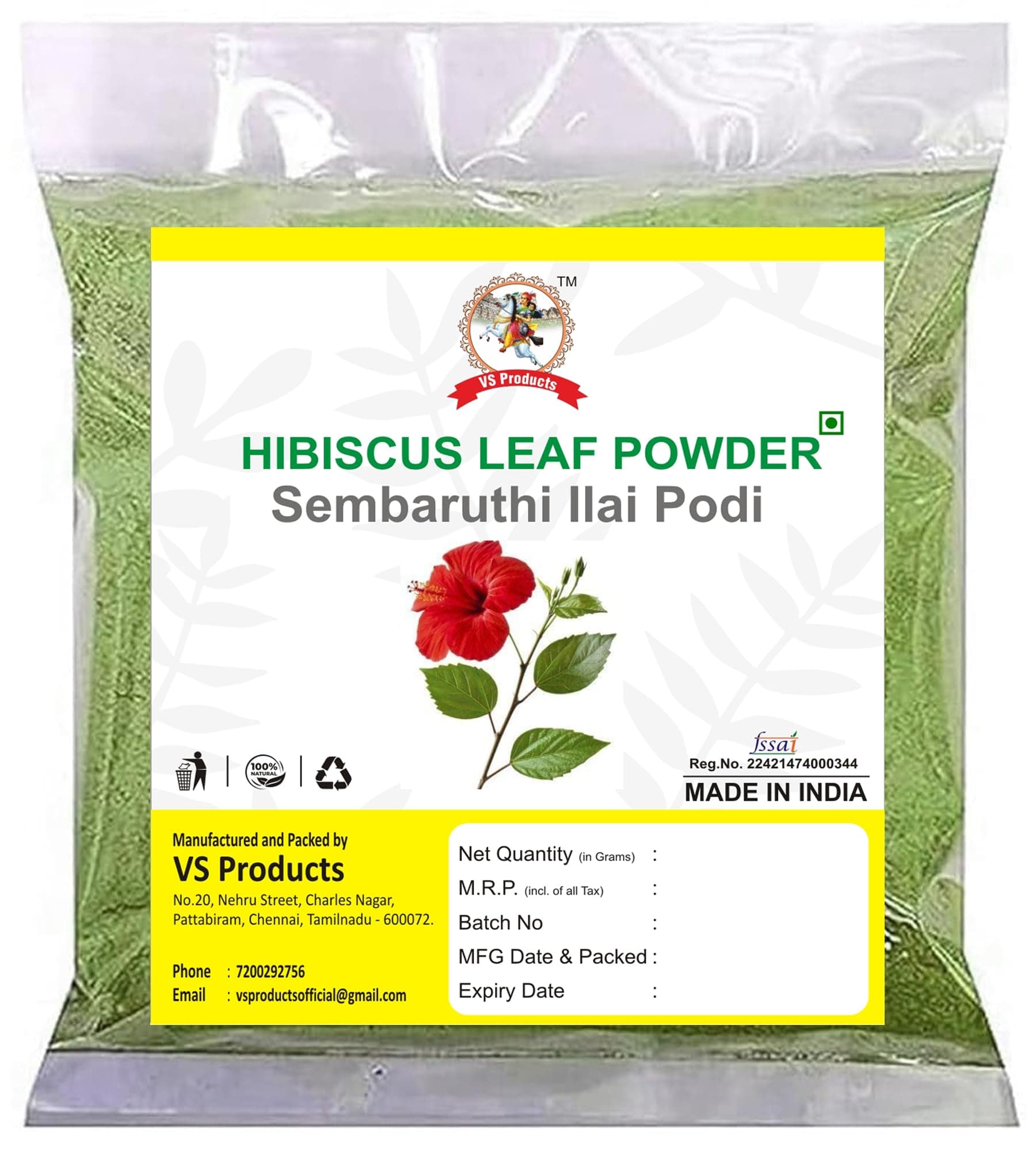 VS Products Hibiscus Leaf Powder | Sembaruthi Leaf Powder, 100g