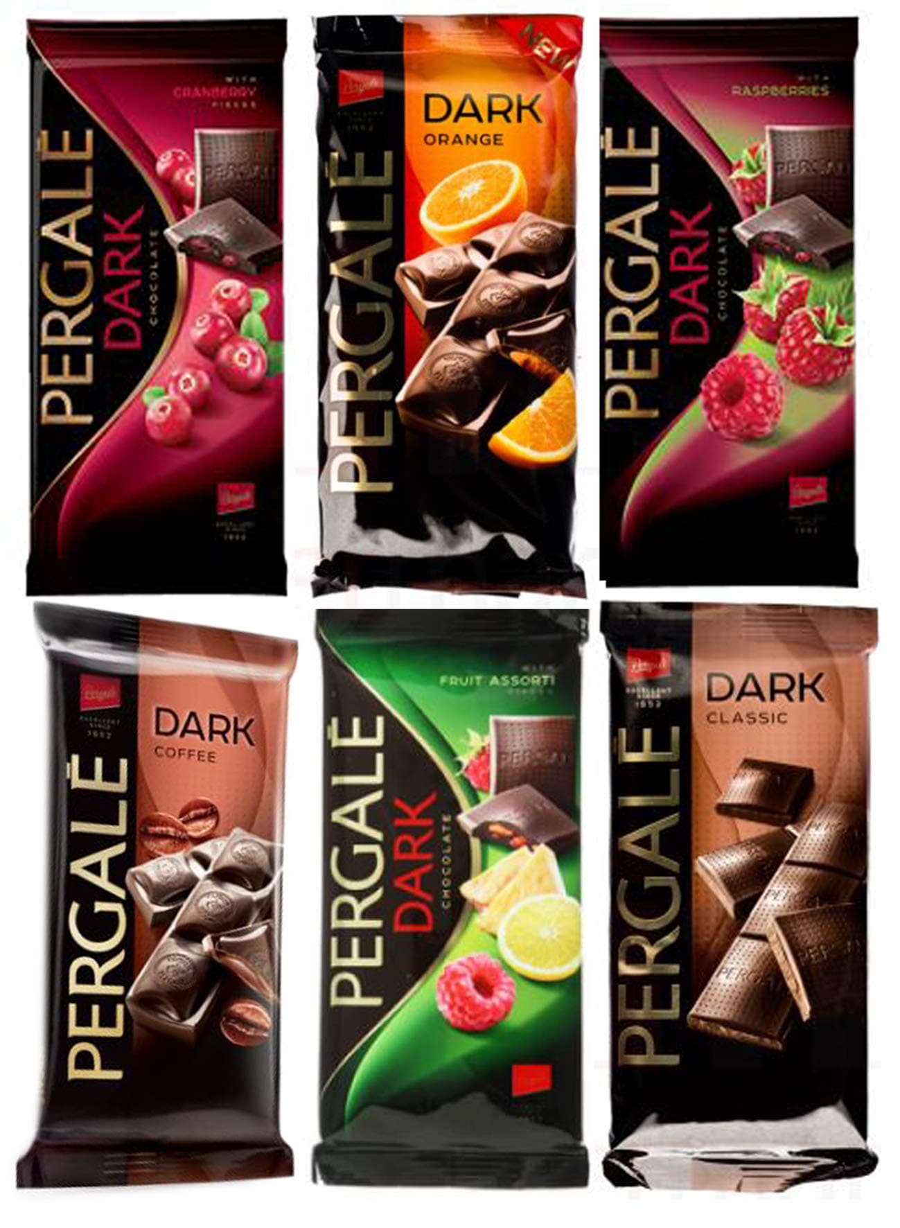 Pergale Chocolate - Super Variety - 1 Of Each With Cranberry, Raspberry Pieces, Orange,Coffe Filling, Assorted Fruit,Original Dark - Each 3,2 Oz