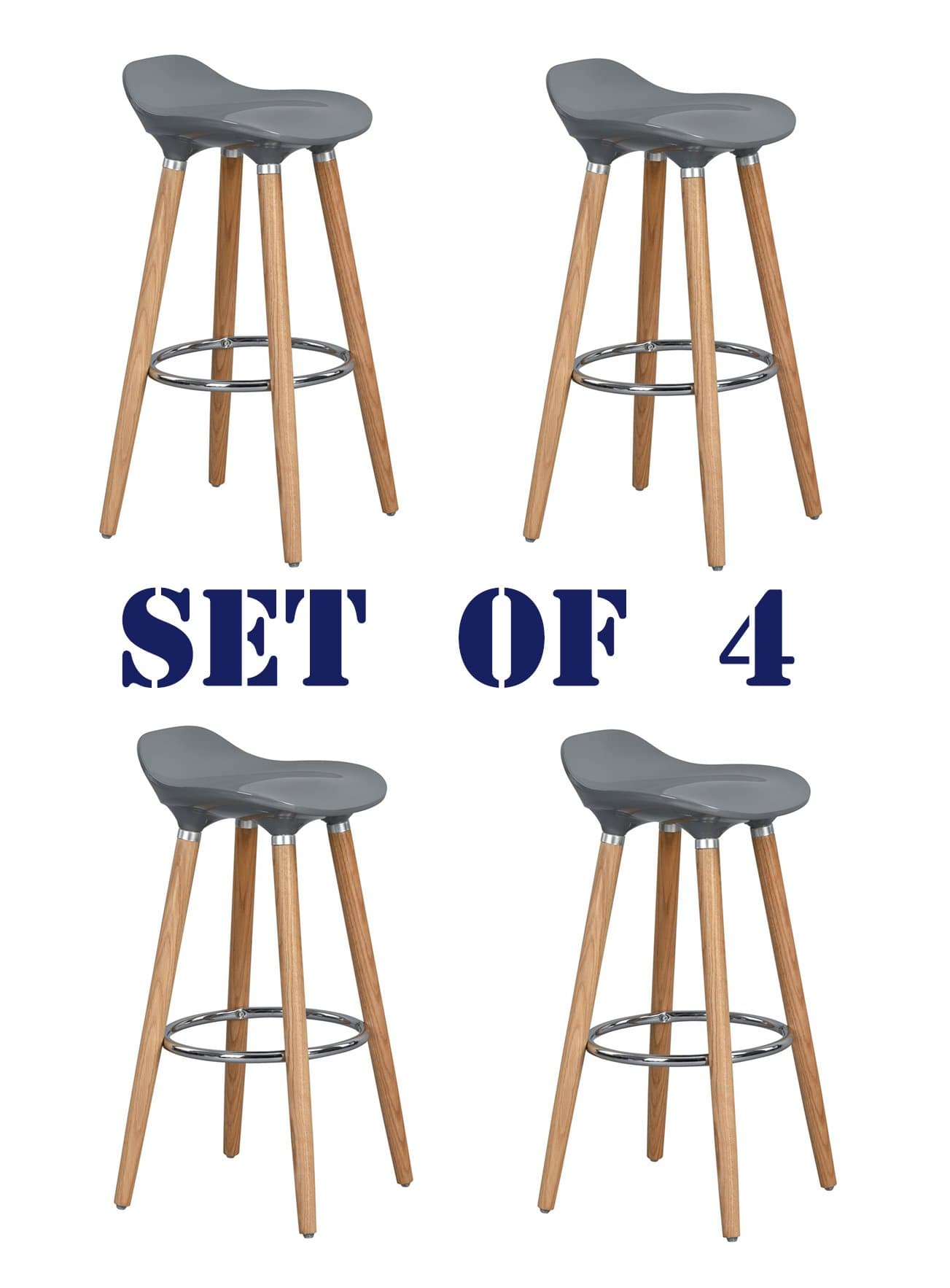 Set of 4 Bar Chairs Grey with Footrest Wooden Frame - Jasmine Bar Stools