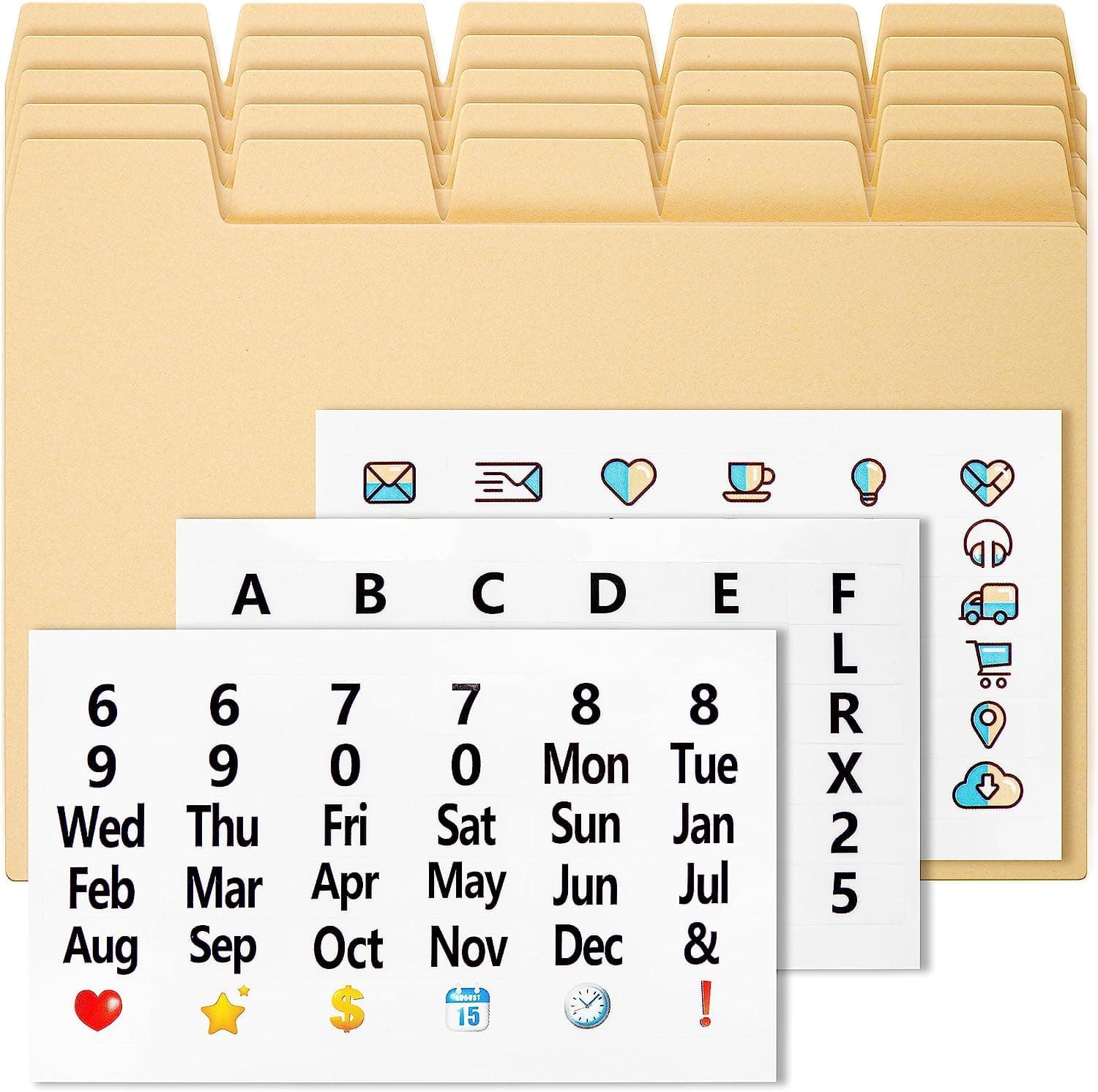 25 Manila Index Tabs, 3" x 5", Index Card Dividers with Tabs and 108 Easy-to-Read Stickers, Index Cards, Monthly Dividers, Recipe Guides, Greeting Card Dividers with Tabs,