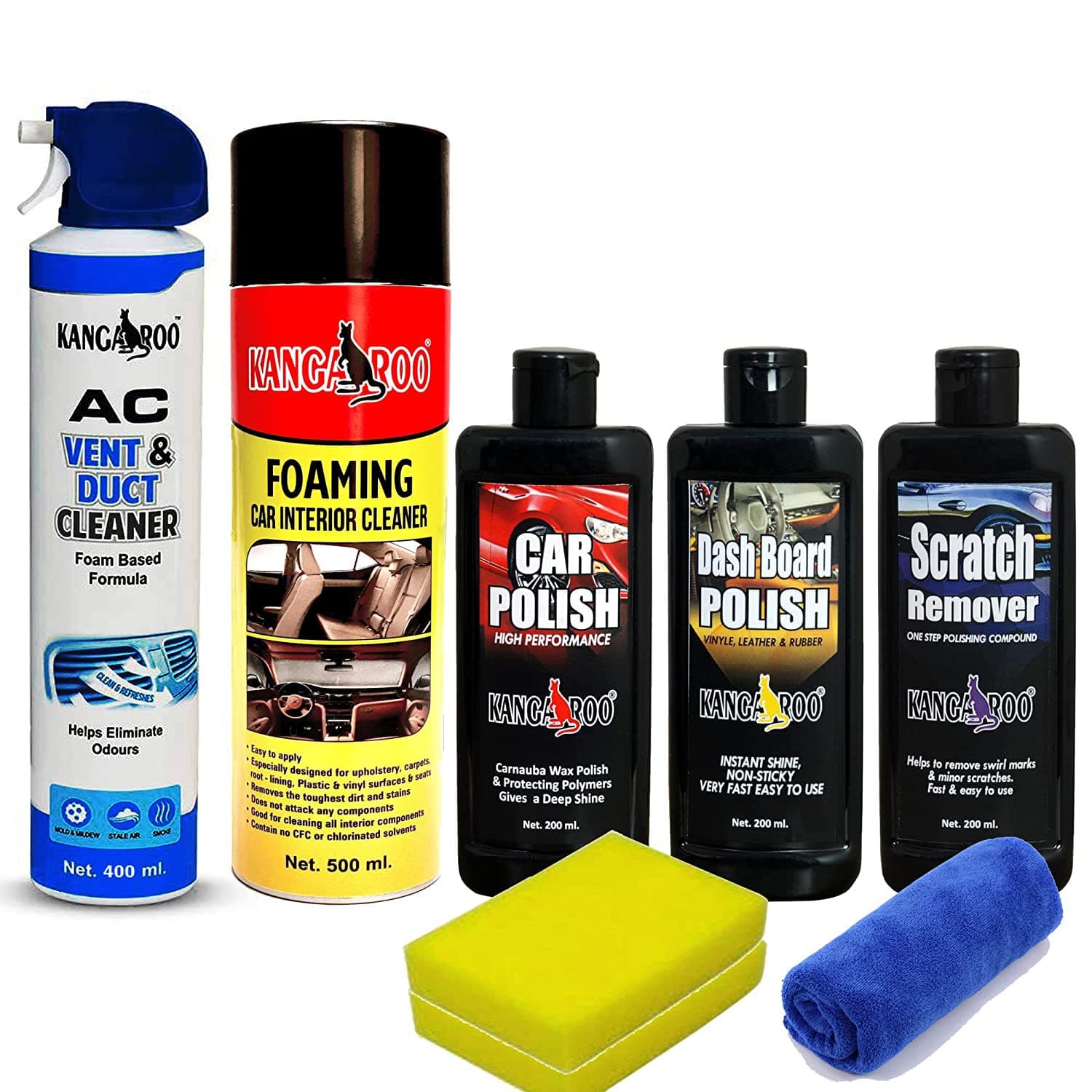 - Car Care Kit (Car Polish + Dashboard Polish + Scratch Remover) 200 ML Each with Foaming Car Interior Cleaner Spray 500 ML and Car AC Vent & Duct Cleaner 400 ml