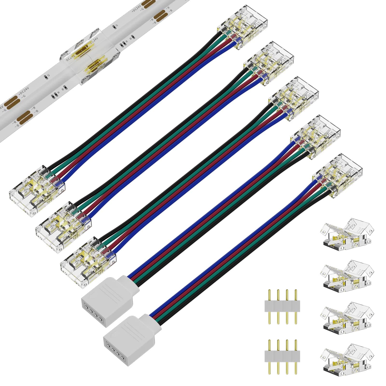 PAUTIX 10mm Connectors for COB RGB LED Strip Lights 4 Pin,4pcs Transparent Gapless Connectors,3pcs Dual Ends Extension Connectors and 2pc Single to 4 Pins Plug 5.5in Extension Wire