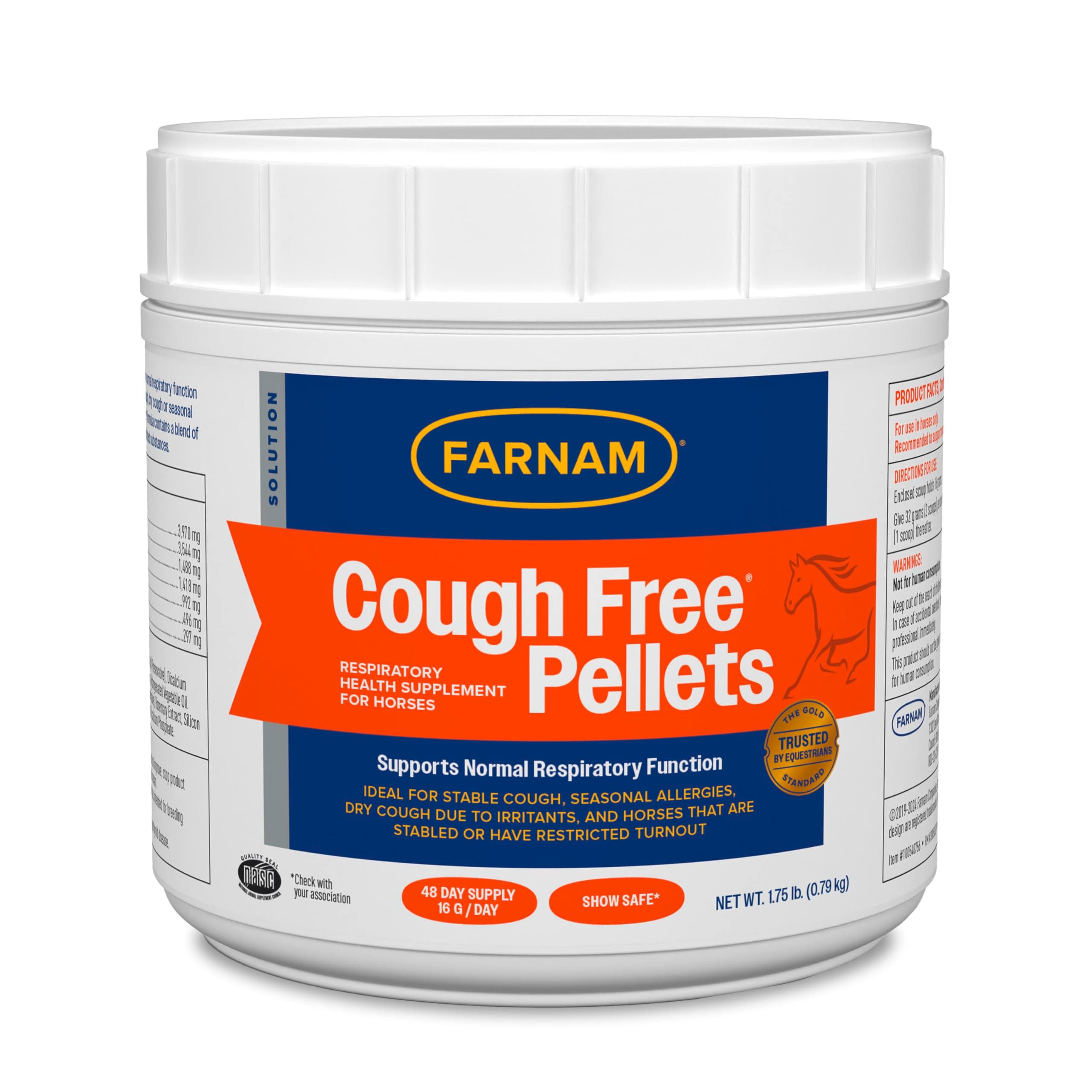 Cough Free Horse Supplement Pellets, Respiratory Support for Seasonal Allergies, Stable Cough, Lung Support Supplement, Show Safe, Herbal Formula, 2.5 lbs, 70-Day Supply