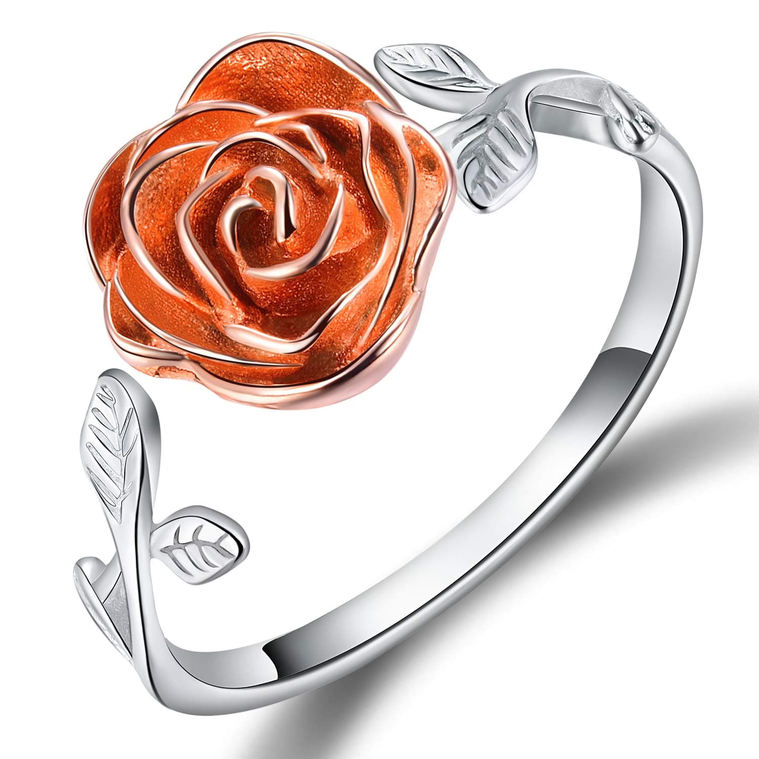18K Gold Plated S925 Sterling Silver Rings Rose Open Ring 3D Rose Shape Adjustable Ring Jewelry for Women and Girls