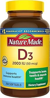 Nature Made Vitamin D3 2000 IU (50 mcg), Dietary Supplement for Bone, Teeth, Muscle and Immune Health Support, 250 Softgels, 250 Day Supply