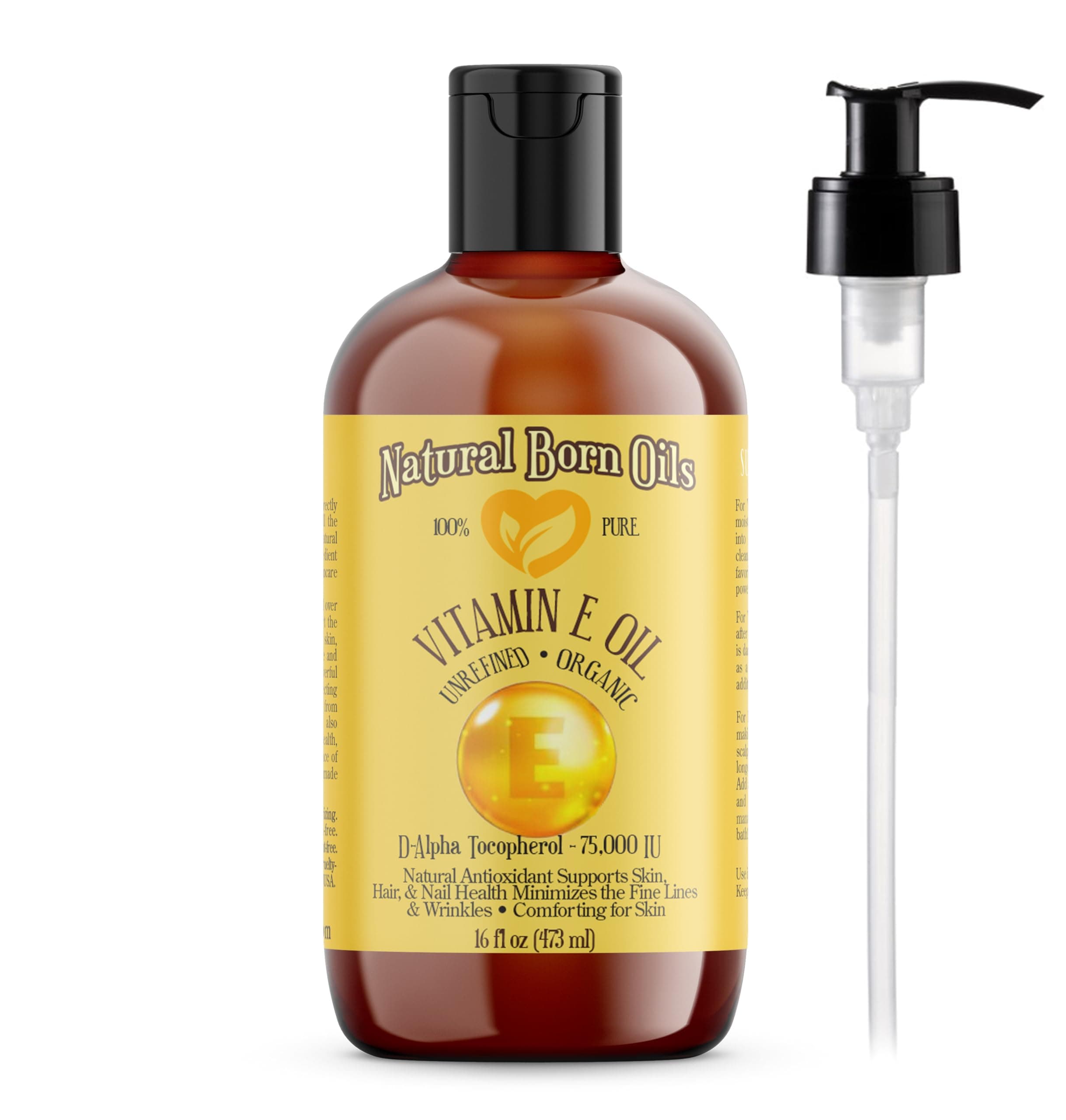 Natural Born Oils Vitamin E Oil (made from Wheat Germ), 16oz, Organic, Cold-Pressed, Nutrient-Rich, Excellent for Glowing Skin, Lustrous Hair