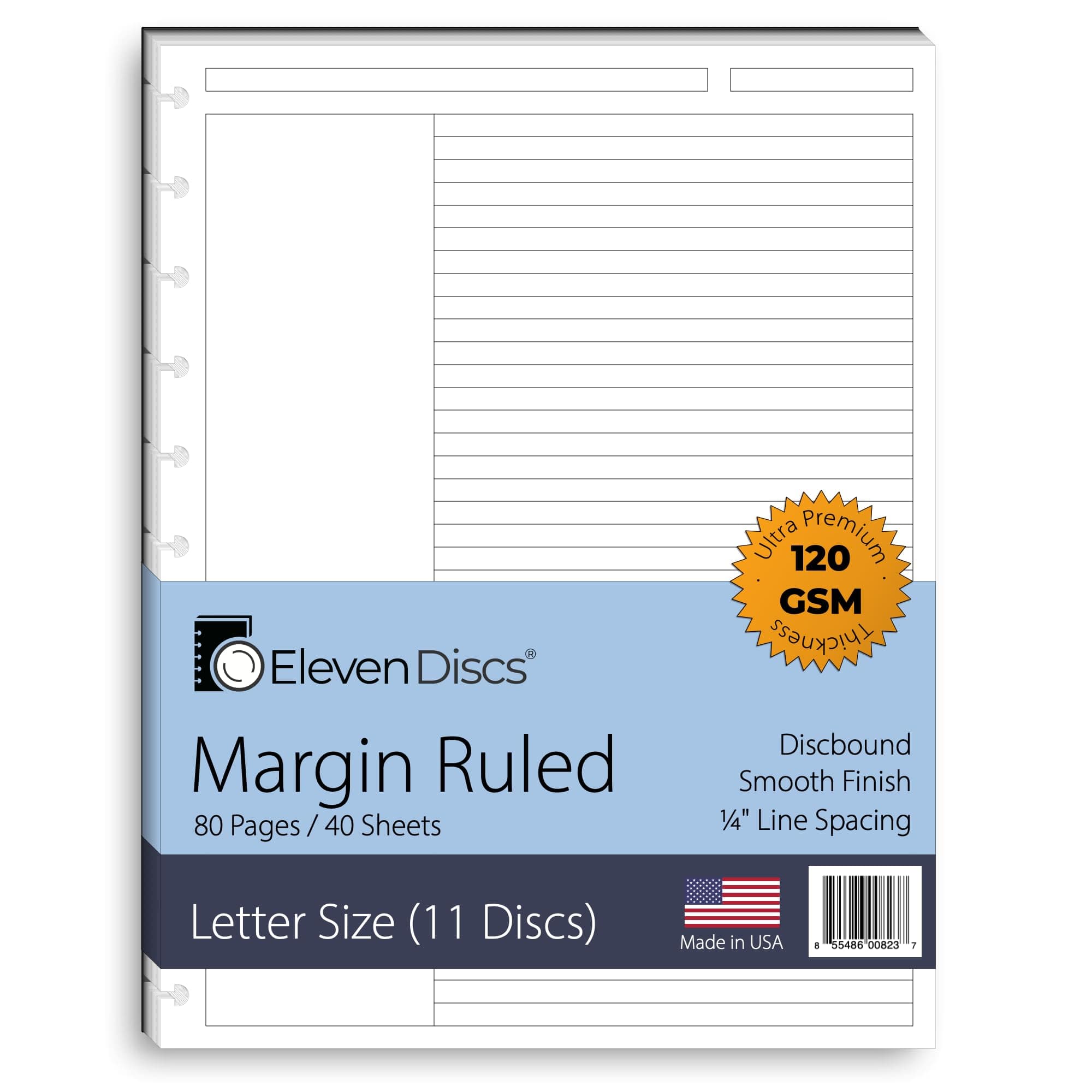 Eleven Discs Discbound Paper, Letter Size Margin Ruled Sheets - Premium 120gsm Heavyweight Notebook & Planner Refills - 11 Discs, 8.5 x 11 in - Punched for Circa, Arc, TUL (40 Sheets)