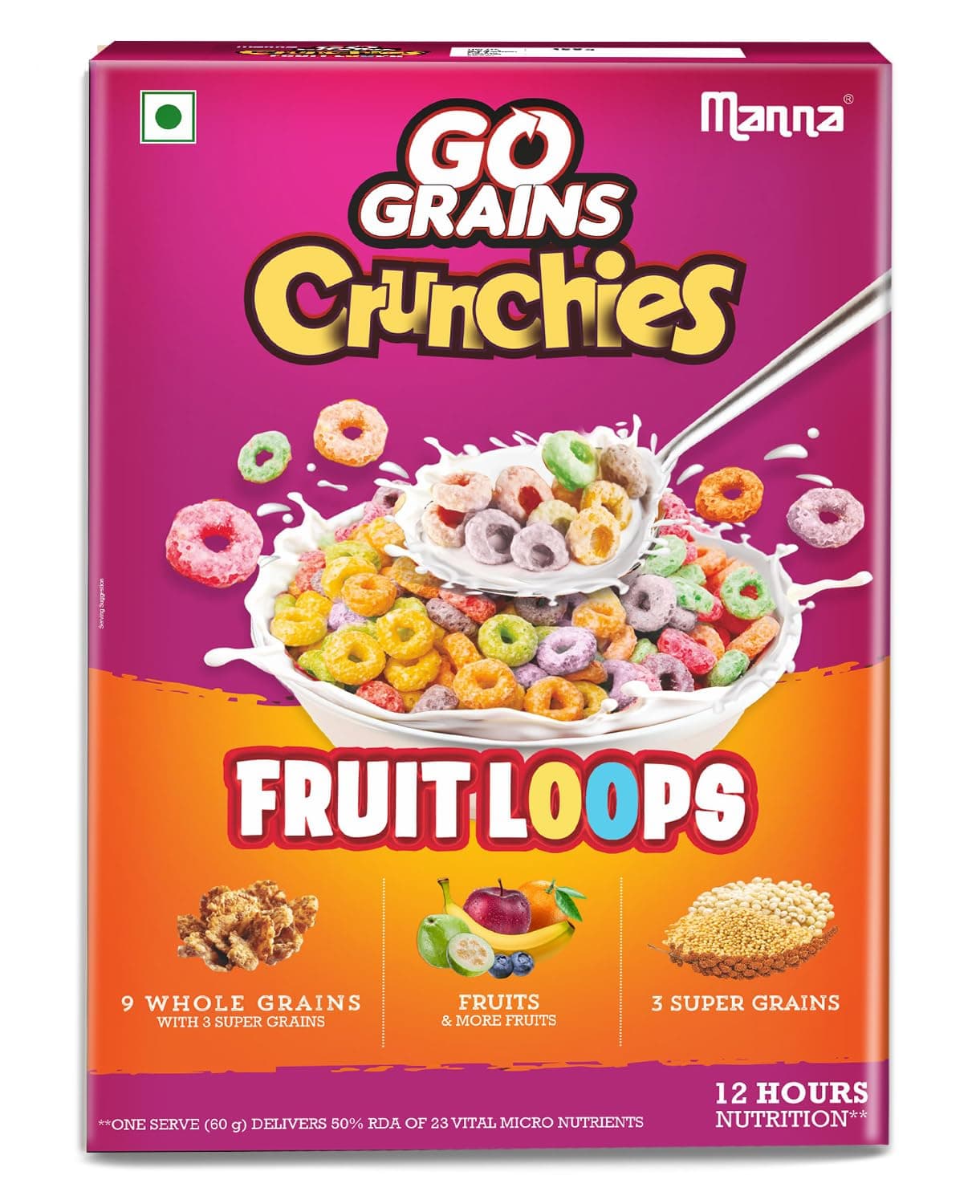 Manna Go Grains Crunchies Fruit Loops. Multigrain Breakfast Cereal for Kids. No Maida, Made with 9 Grains. Fortified Cereal with 50% RDA of 23 Essential Vitamins and Minerals in every bowl. 250g