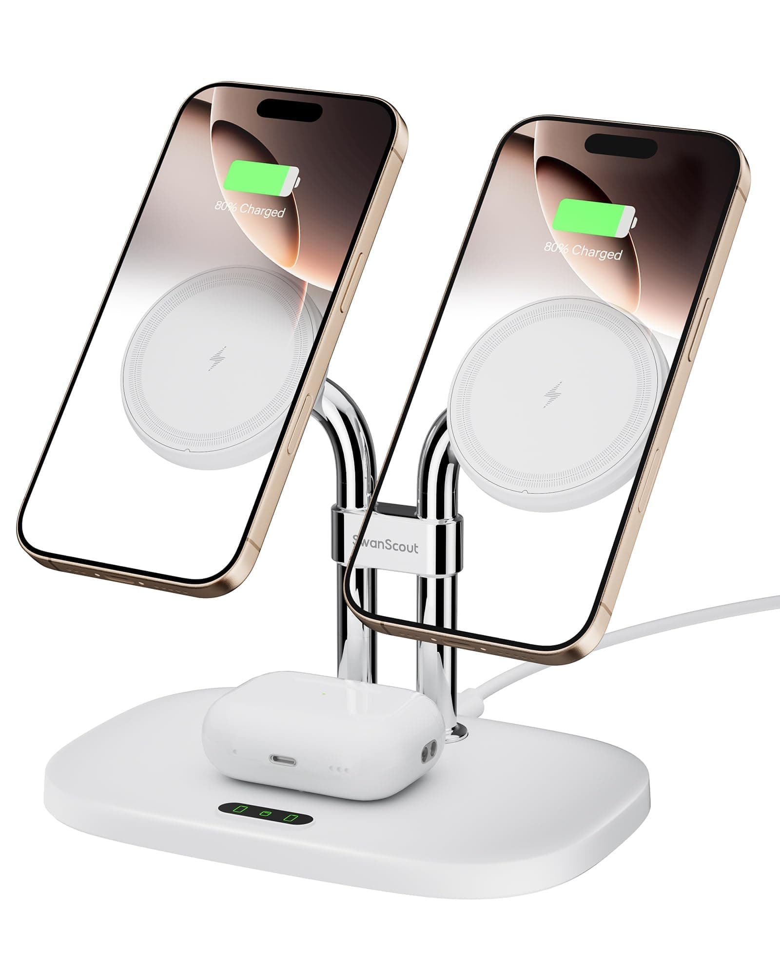 SwanScout Dual Magnetic Charger for iPhone 17/Air/16/15/14/13/12 Series, Wireless Charger for AirPods Pro 3/2/4/3, Compatible with Magsafe, SwanScout 706M (White)