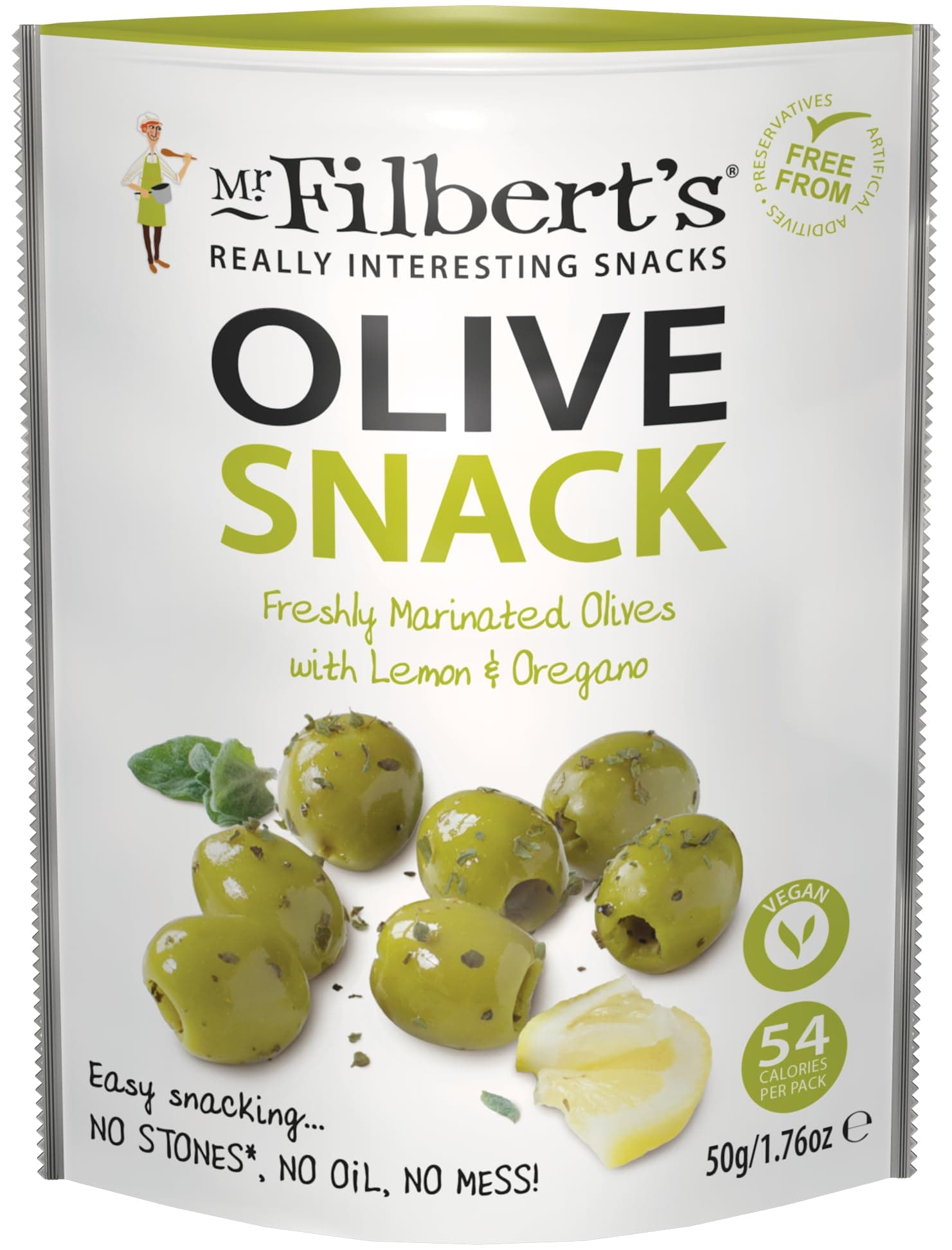 Mr Filbert's Green Olives: Lemon & Oregano 12 x 50g