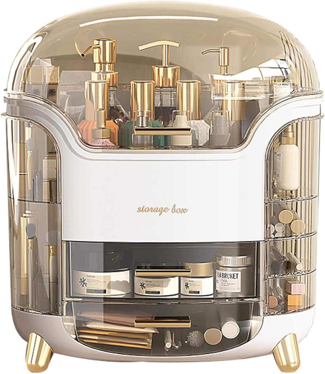 Yagviz Dustproof Cosmetic Storage Box, Cosmetics Makeup Organizer for Vanity, Skincare Jewelry Lipstick Case Organizer, Large Make Up Case with Lid & Drawers for Bedroom Bathroom (White)