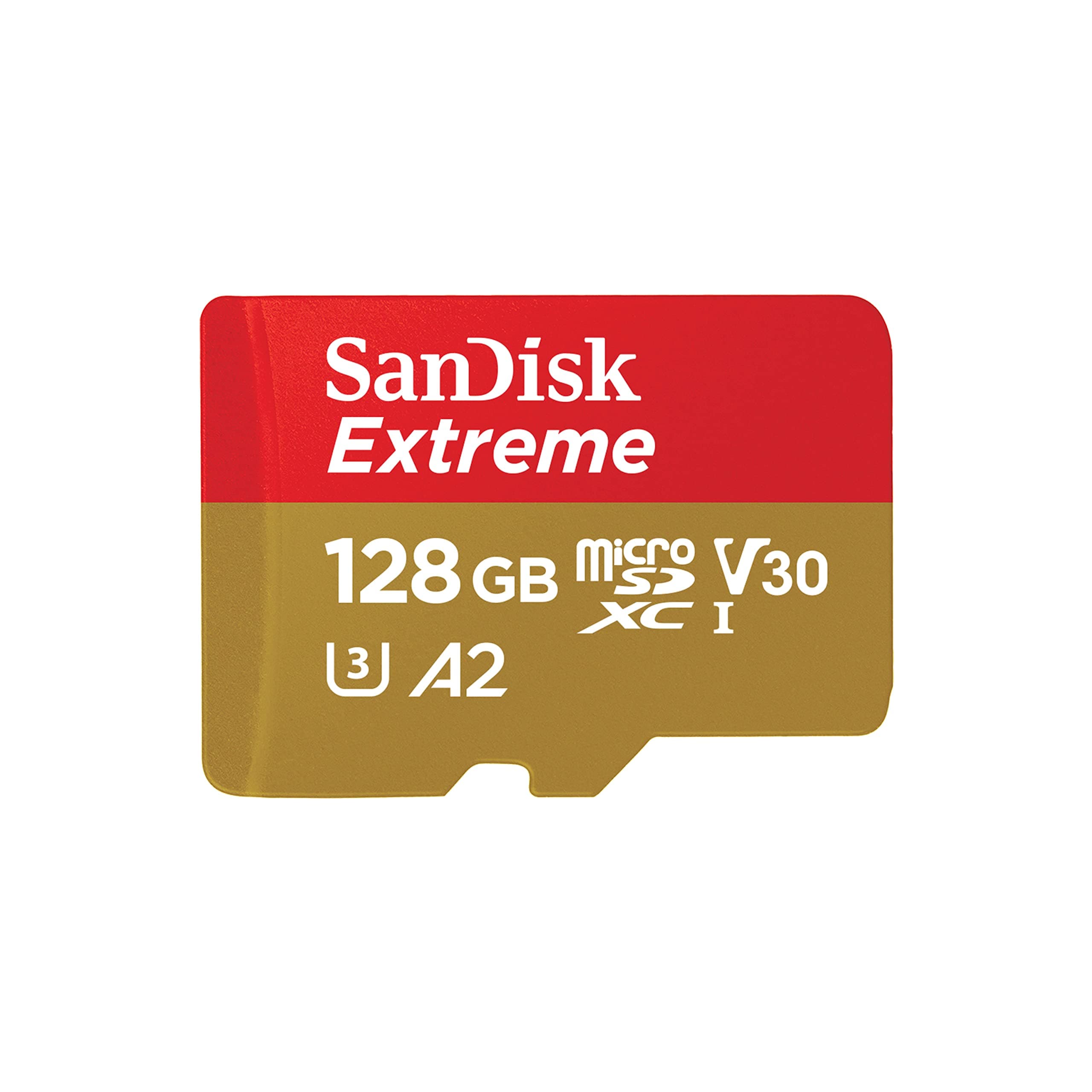 SanDisk 128GB Extreme microSDXC UHS-I Memory Card with Adapter - C10, U3, V30, 4K, 5K, A2, Micro SD Card - SDSQXAA-128G-GN6MA