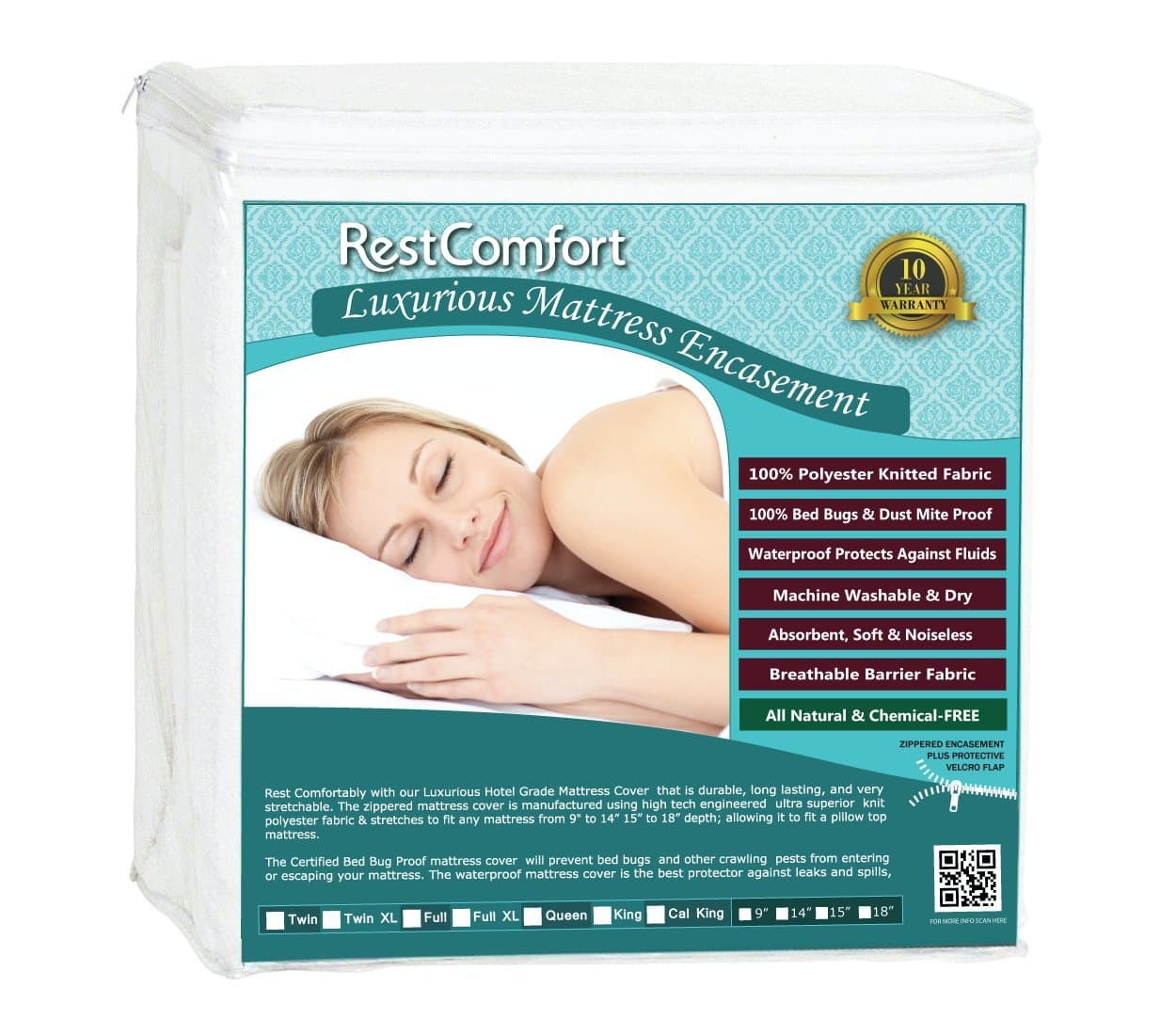 RestComfort Luxury Zippered Encasement Waterproof, Dust Mite Proof, Bed Bug Proof, Hypoallergenic Breathable Six Sided Mattress Protector … (California King, Scratches 9-15")